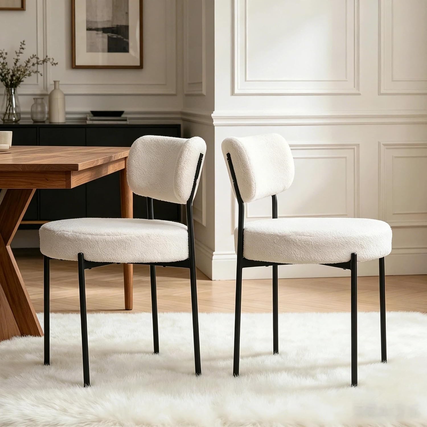 Boucle Dining Chair Set of 2, Mid Century Modern Upholstered Kitchen Chairs with Curved Backrest & Black Metal Legs, Round Dining Room Chairs, White