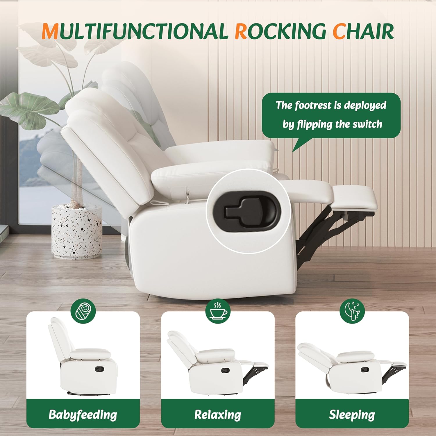 AILEEKISS Nursery Glider Recliner Chair with Adjustable Armrests, Swivel Rocking Recliner for Breastfeeding Moms, 360° Swivel, 30° Rocking, 90°-160° Recline, Easy-Clean Nursery Chair(White)