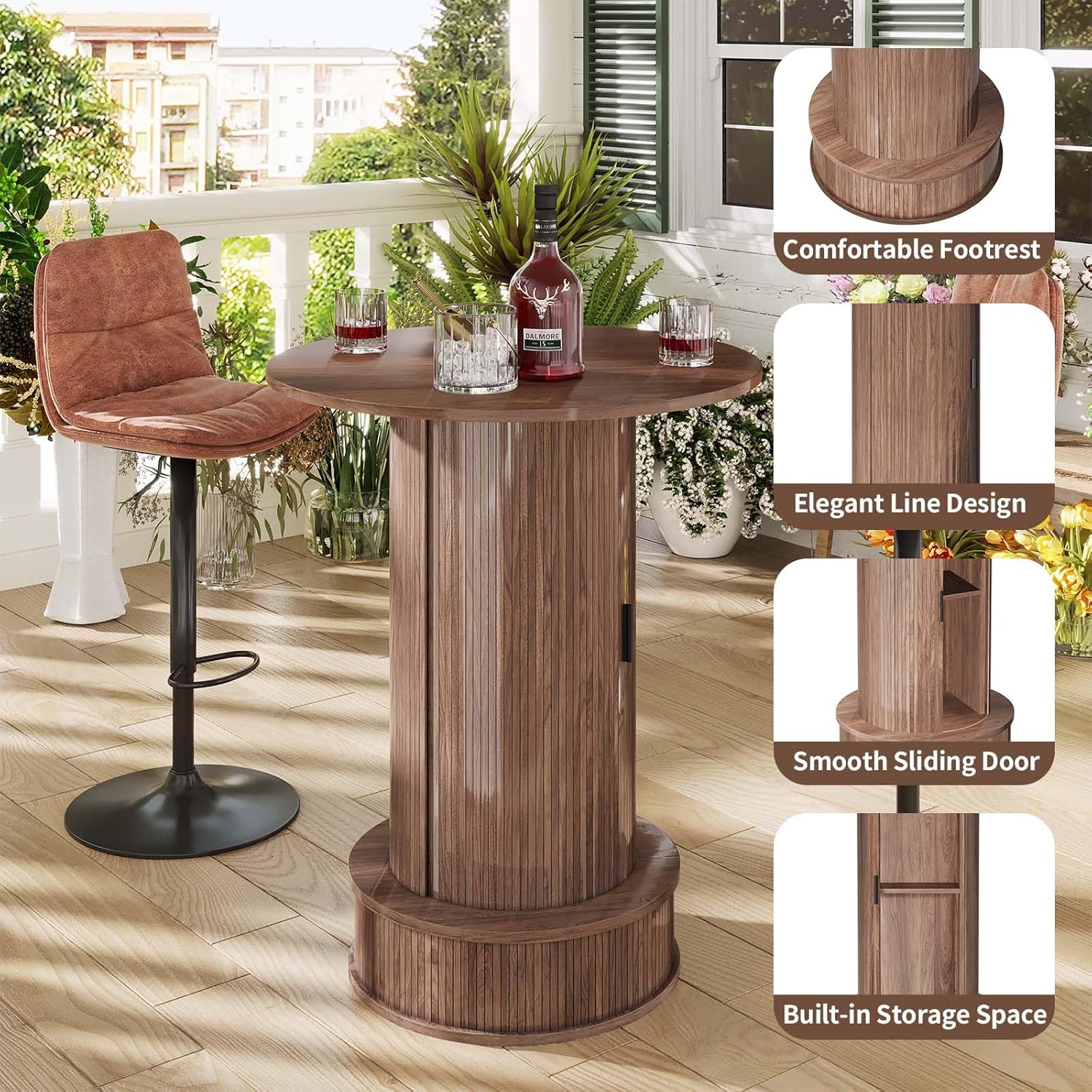 Round Bar Table with 2-Tier Hidden Storage, 38.1" H Pub Table with Footrest, Modern Rustic Bar Height Bistro Cocktail Table for Kitchen,Dining Room,Coffee Bar,Small Space