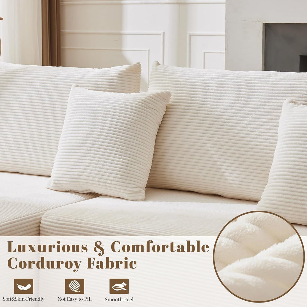 106" Cloud Sectional Couch, Modular Sectional Sofa with L-Shape Chaise, Corduroy Boneless Couch with Deep Seat, Upholstered Sofa for Living Room, No Assembly Required(Left-Facing Chaise, White)
