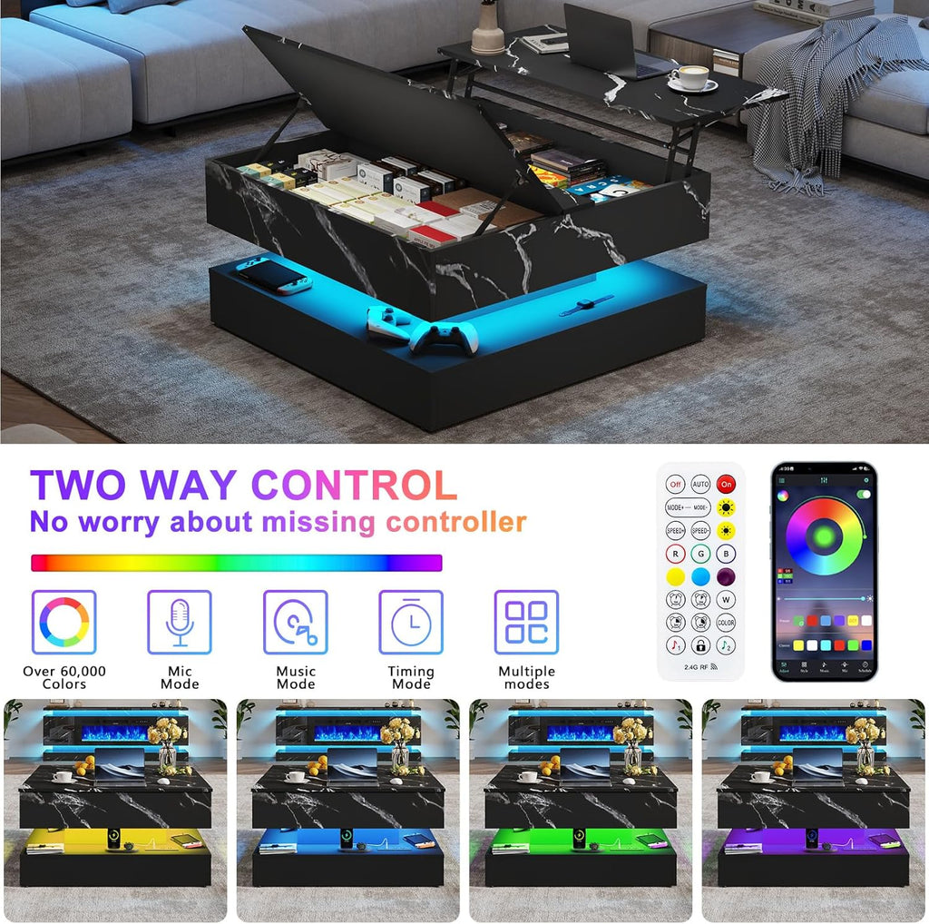 35.4" Large Square Coffee Table with Lifting top,Charging Station,Modern 2-Tier Square Center Table w/Hidden Compartment Storage,Tea Table with Wood Grain for Living Room, Office,Black Marble