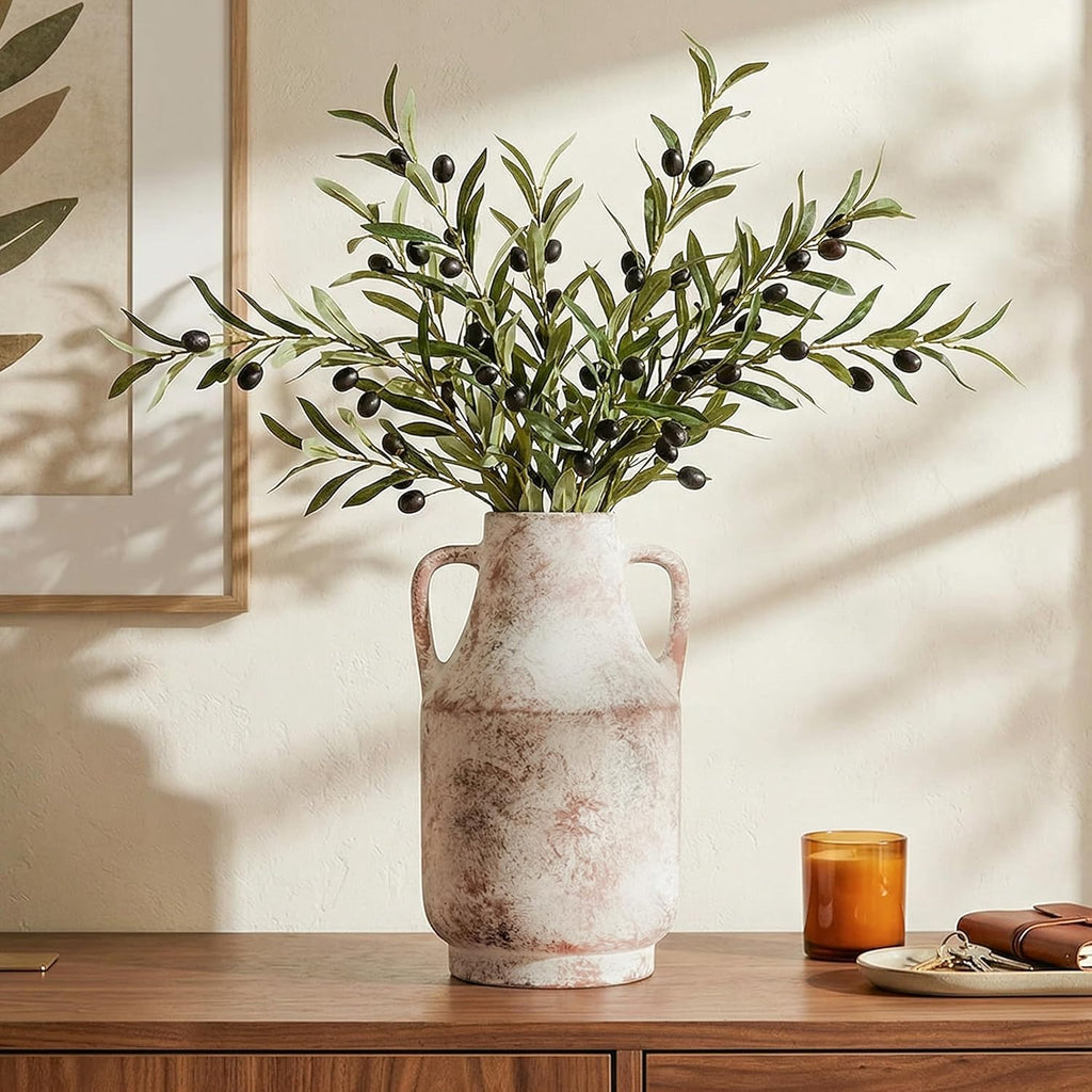 Ceramic Flower Vase with Handles, 11 in Tall Rustic Farmhouse Pottery Vases Decorative Large Vases for Living Room Entryway Kitchen Table Centerpieces Home Decor,Neutral