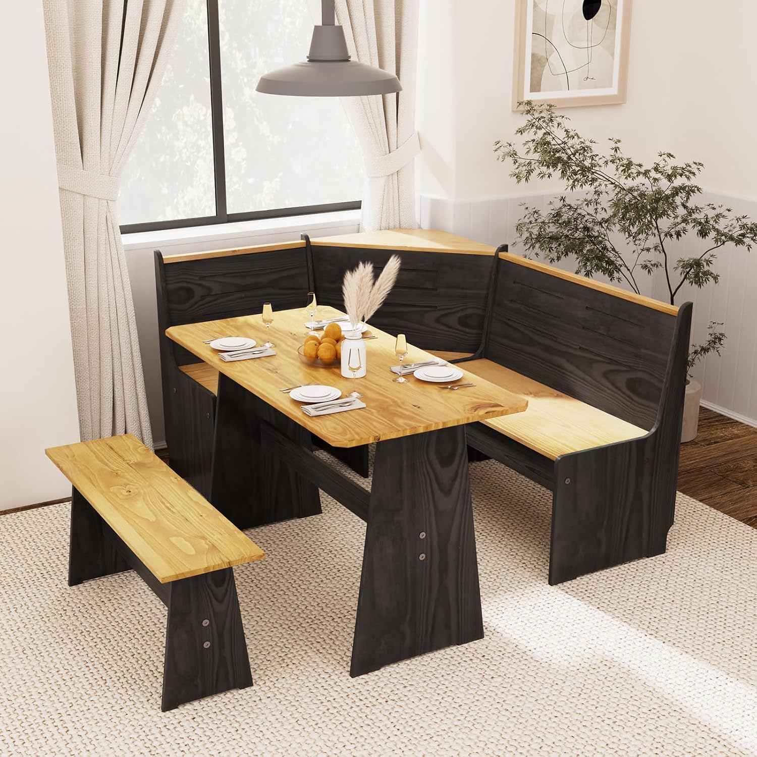 Kitchen Breakfast Nook Table Set - Solid Wood Corner Bench Dining Set for 4-6 People, L Shaped Bench for Dinner Room, Space Saving Kitchen Booth Seating with Table for Small Space, Ink Black