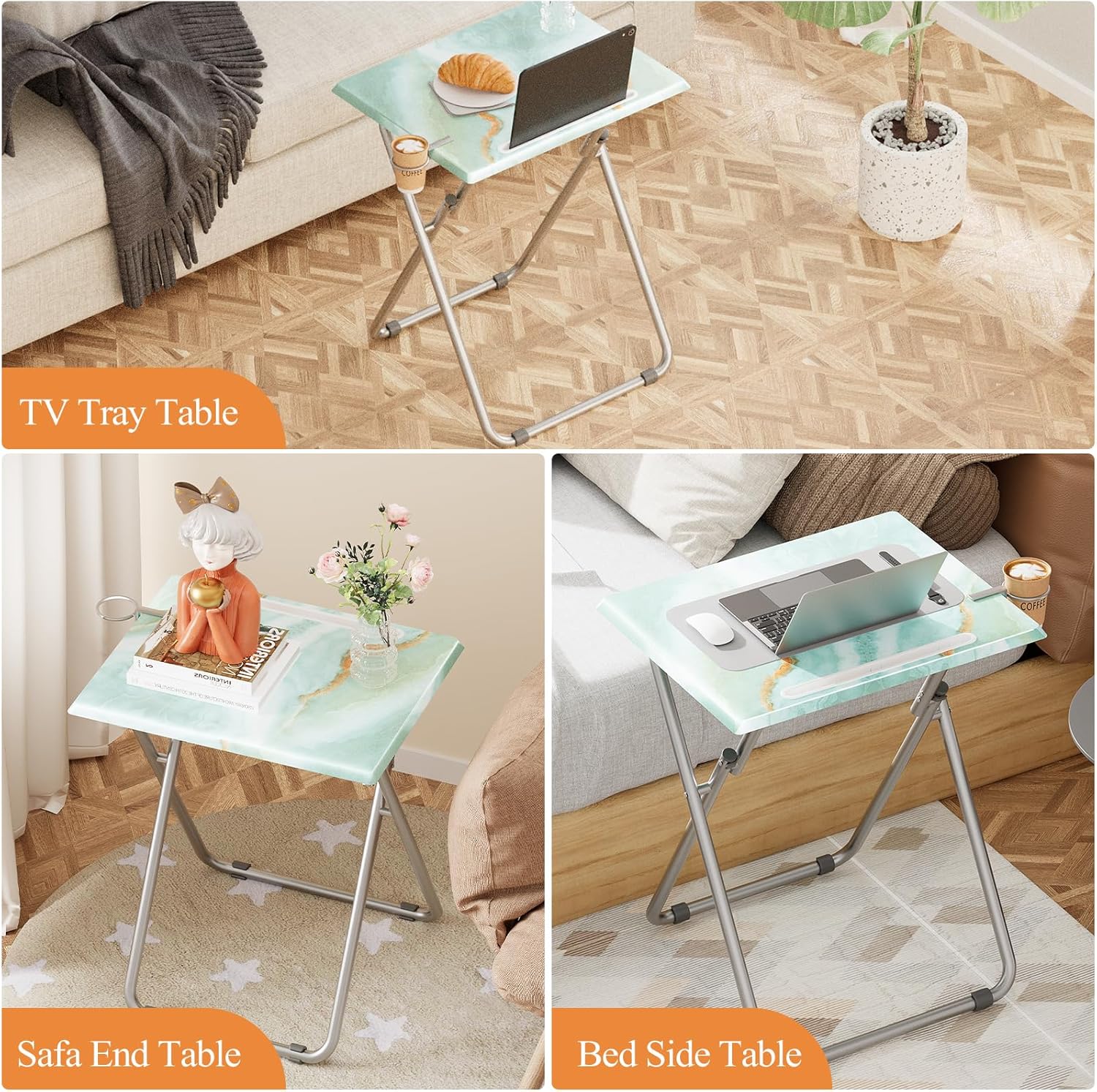 TV Trays Table Set of 2 Portable Folding TV Tray Table TV Dinner Tray with Sturdy MDF, Small Folding Tables with Phone & Tablet Slot, No Assembly Required, 15 x 18.9 x 25.6 in (Sea Blue Marble, 2Pcs)