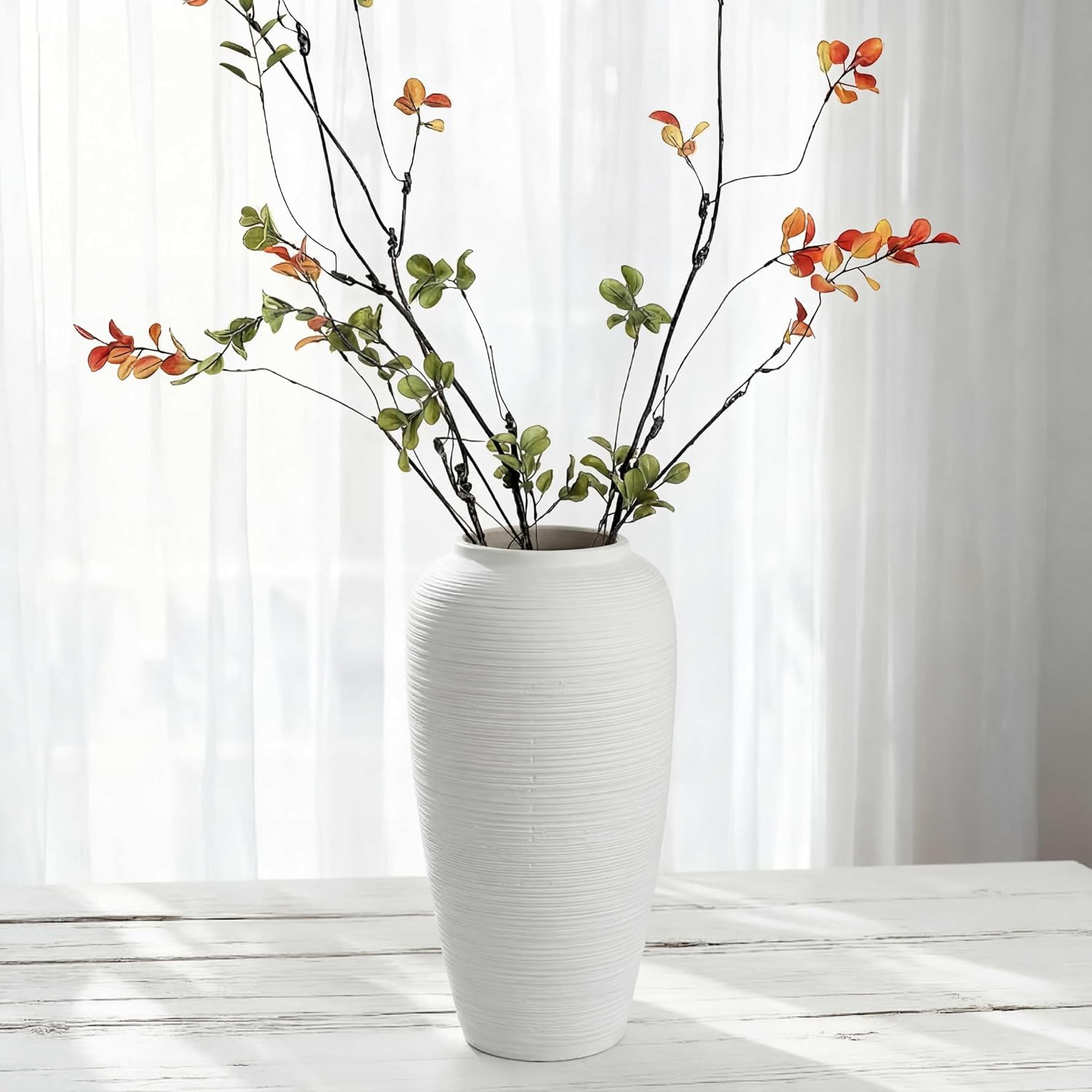 Off-White 12.6” Ceramic Vase for Home Decor, Farmhouse & Boho Decorative Pottery Vase for Table Centerpiece, Mantel, Shelf, Living Room, Kitchen, and Entryway (White Ribbed - 12.6" Tall)