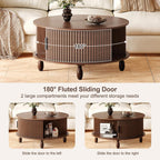 Small Round Coffee Table with Storage, 31.5" Mid Century Modern Coffee Tables with 180° Sliding Cabinet Door, Fluted Circle Drum Center Table for Living Room Small Space, Walnut