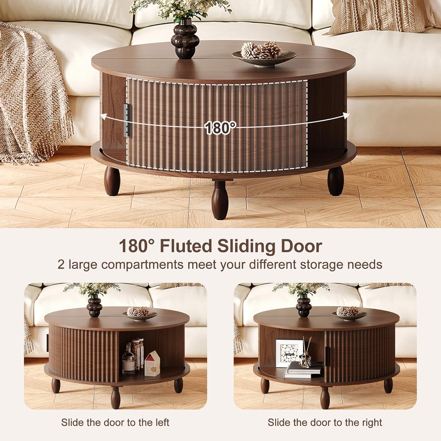 Small Round Coffee Table with Storage, 31.5" Mid Century Modern Coffee Tables with 180° Sliding Cabinet Door, Fluted Circle Drum Center Table for Living Room Small Space, Walnut