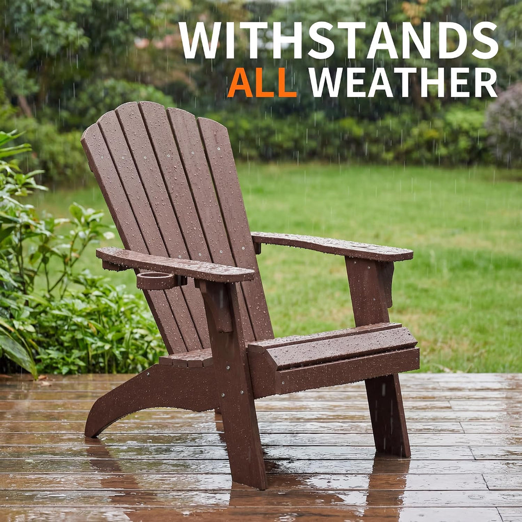Psilvam Adirondack Chair, Oversized Poly Lumber Fire Pit Chair with Cup Holder, 350Lbs Support Patio Chairs for Garden, Weather Resistant Adirondack Chair Looks Like Real Wood (2, Brown)