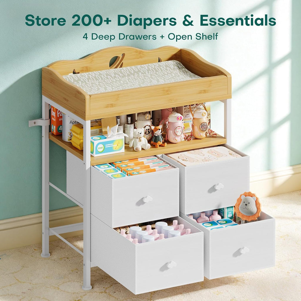 POKIPO Bamboo Changing Table Dresser with Sturdy Metal Frame, 4 Fabric Drawers, 3-in-1 Baby Dresser with Changing Table Top, Diaper Changing Station and Storage Organizer for Modern Nursery