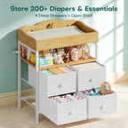 POKIPO Bamboo Changing Table Dresser with Sturdy Metal Frame, 4 Fabric Drawers, 3-in-1 Baby Dresser with Changing Table Top, Diaper Changing Station and Storage Organizer for Modern Nursery