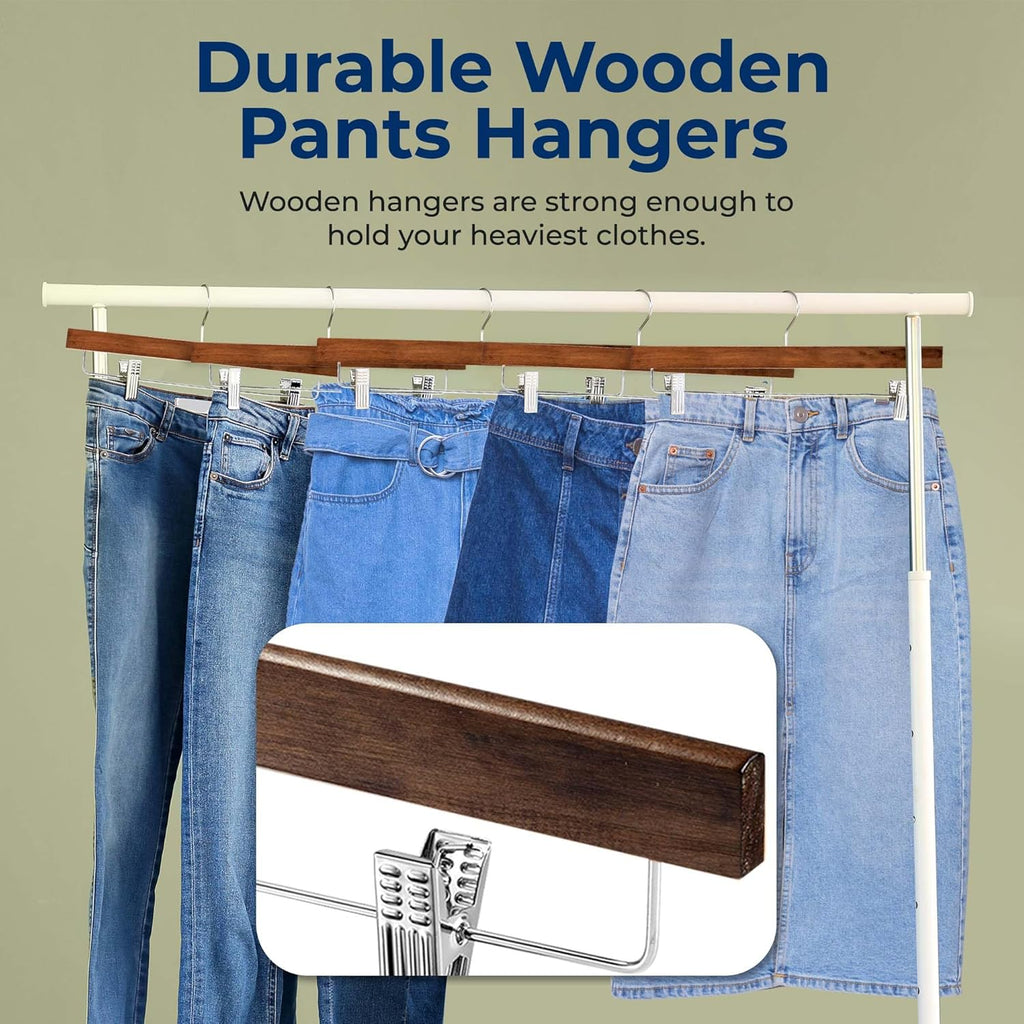 SereneLife Wooden Pants Hangers, 30-Pack Hangers with Adjustable Clips and Anti-Rust Swivel Hook, Space-Saving Pant Organizer for Closet, Ideal for Jeans, Slacks, Shorts, Trousers, Skirts (Retro)