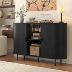 55 Inch Fluted Wine Bar Cabinet, Liquor Cabinet with LED Light, Coffee Bar Cabinets with Storage, Mid-Century Modern Sideboard Cabinet with Charge Station Wine Racks for Kithcen (Black)