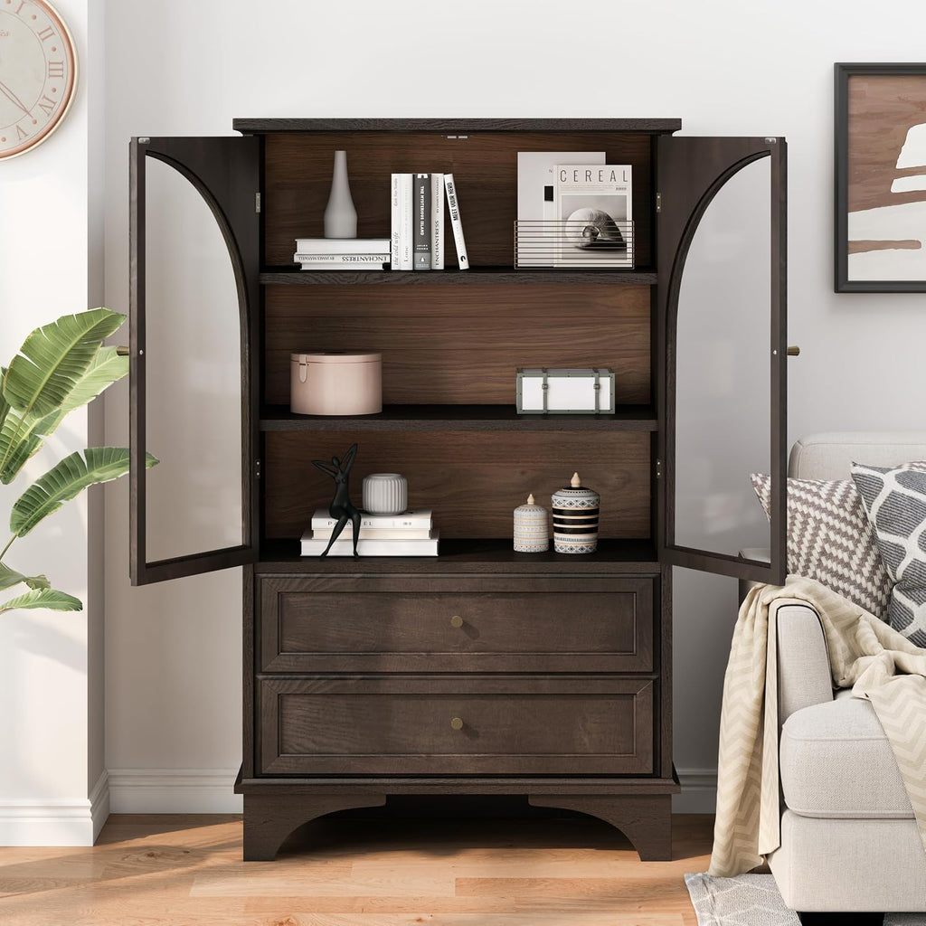 52.17" Tall Display Cabinet with Arched Glass Doors (Brown) | Farmhouse Curio Cabinet Display Case with 2 Storage Drawers and Adjustable Shelves, Glass Display Cabinets for Living Room
