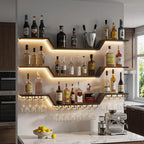 Wall Mounted Wine Rack with LED Lights, 3-Tier Floating Bar Shelves, Hanging Liquor & Wine Glass Rack for Home Bar, Cafe, Dining Room Decor (Black, 39.4" W)