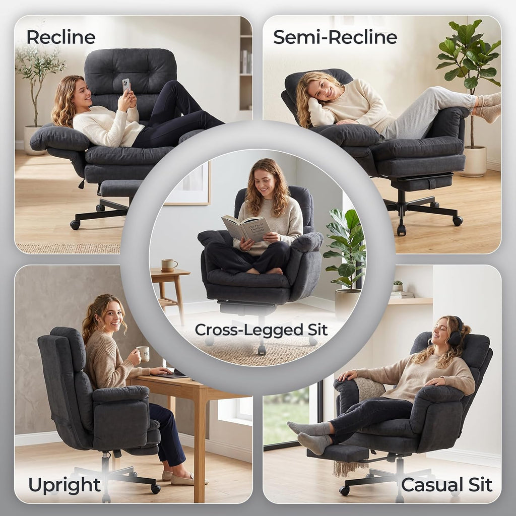 Criss Cross Office Chair with Foot Rest, Big and Tall Office Desk Chair with Flip Armrests for Pets & Cross Legged Sitting, Comfy Executive Ergonomic Reclining Computer Gaming Vanity Chair, Grey