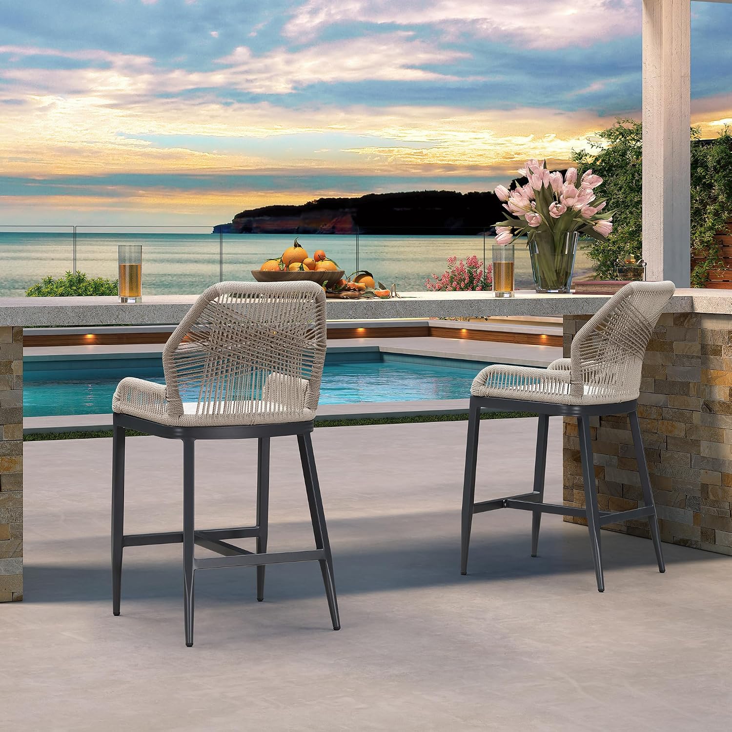 PURPLE LEAF 4 Pieces Counter Height Bar Stools Patio Boho Rattan Barstools Aluminum Woven Bar Chairs with Cushions for Outdoor Kitchen Island Garden