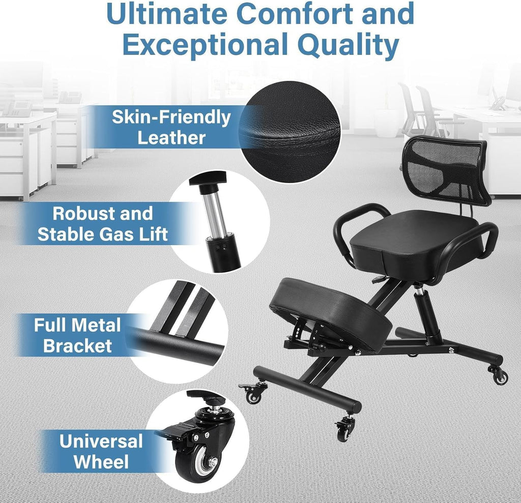 Ergonomic Kneeling Chair with Back Support, Height Adjustable Stool for Home and Office, PU Kneeling Chair for Desk to Relieve Back Discomfort, Thick Moulded Foam Cushions Brake Casters(With backrest)