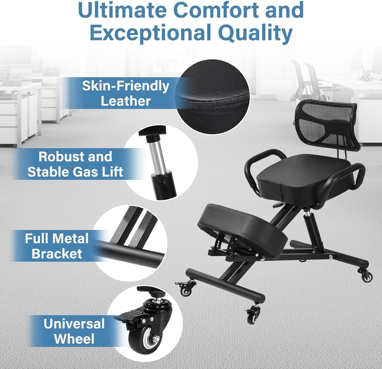 Ergonomic Kneeling Chair with Back Support, Height Adjustable Stool for Home and Office, PU Kneeling Chair for Desk to Relieve Back Discomfort, Thick Moulded Foam Cushions Brake Casters(With backrest)