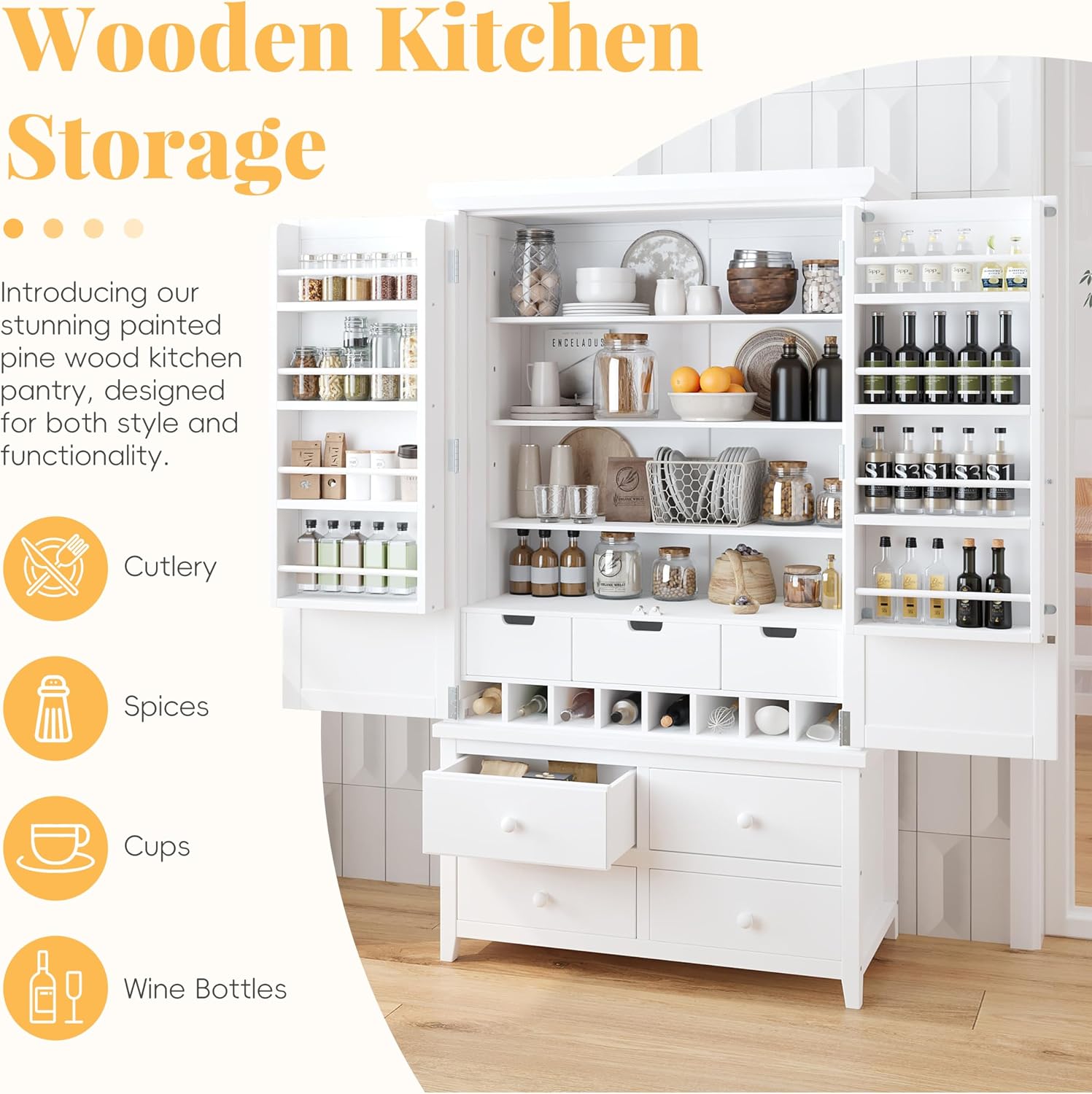 Mirightone 71'' Kitchen Pantry Storage Cabinet, Freestanding Cupboard with 7 Drawers and 3 Adjustable Shelves, Hutch Bar Cabinet with 8 Door Shelves for Kitchen, Living Room, Dining Room, White