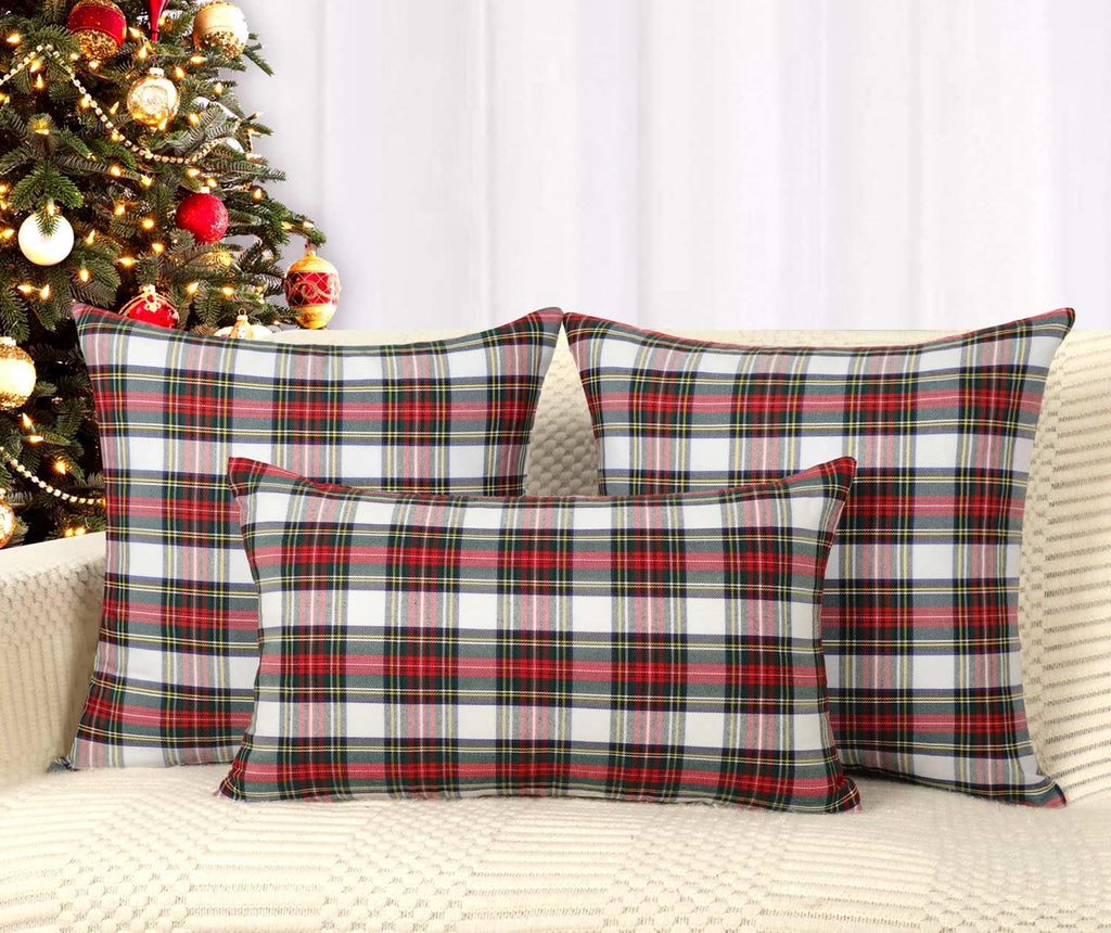 4TH Emotion Set of 2 Christmas Scottish Tartan Plaid Throw Pillow Covers Cushion Case Polyester for Farmhouse Home Decor Red and White, 20 x 20 Inches
