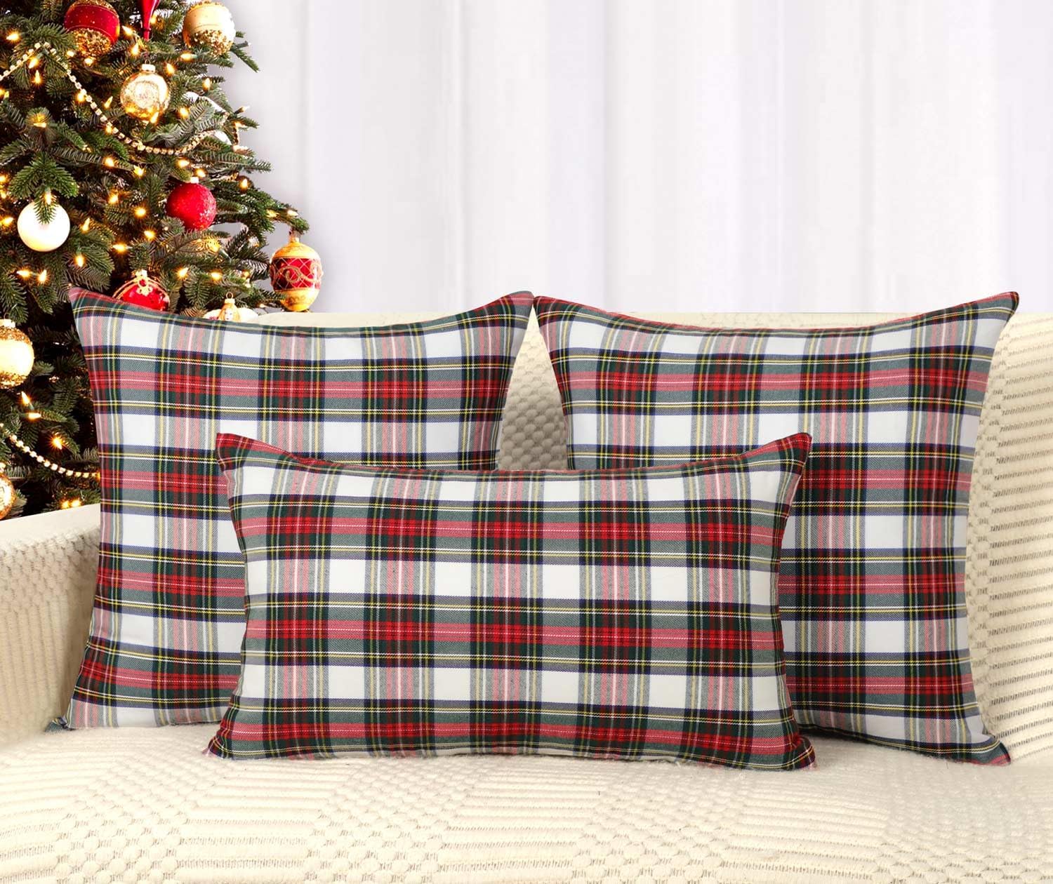 4TH Emotion Set of 2 Christmas Scottish Tartan Plaid Throw Pillow Covers Cushion Case Polyester for Farmhouse Home Decor Red and White, 20 x 20 Inches