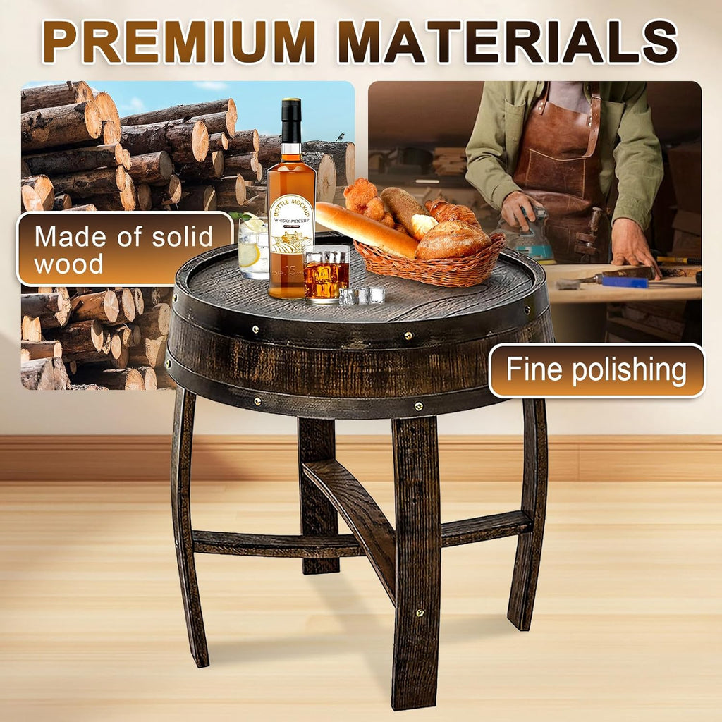 Handcrafted Whiskey Barrel End Table,Authentic Bourbon Barrel Side Table, Rustic Round Wood Accent Table for Home Bar, Living Room & Farmhouse Decor