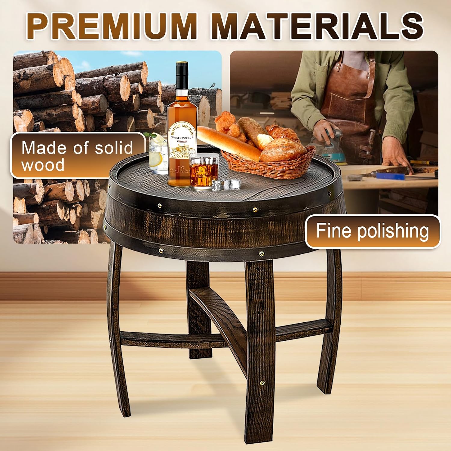 Handcrafted Whiskey Barrel End Table,Authentic Bourbon Barrel Side Table, Rustic Round Wood Accent Table for Home Bar, Living Room & Farmhouse Decor