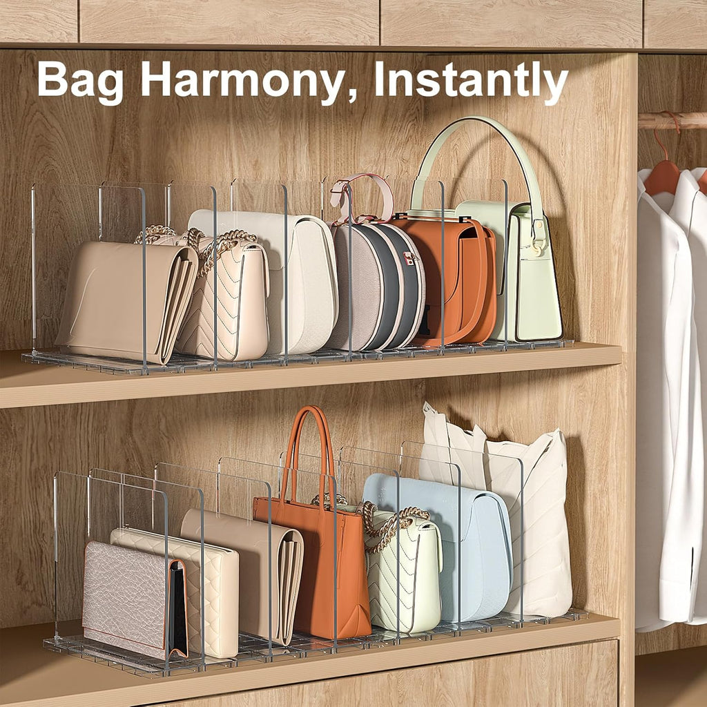 SortNStore Bag & Purse Organizer for Closet: Adjustable Clear Handbag Storage Shelf - Plastic Clutch Dividers for Closet Organizers and Storage - Keep Carteras & Pocketbook Upright