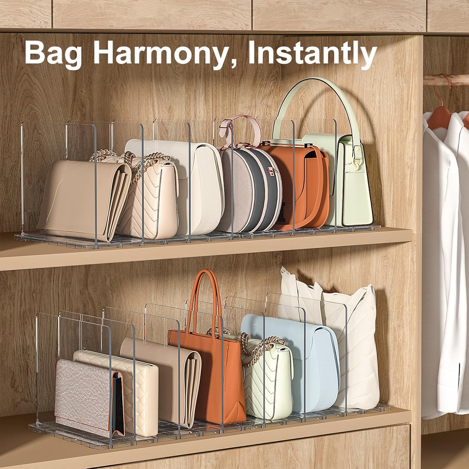 SortNStore Bag & Purse Organizer for Closet: Adjustable Clear Handbag Storage Shelf - Plastic Clutch Dividers for Closet Organizers and Storage - Keep Carteras & Pocketbook Upright