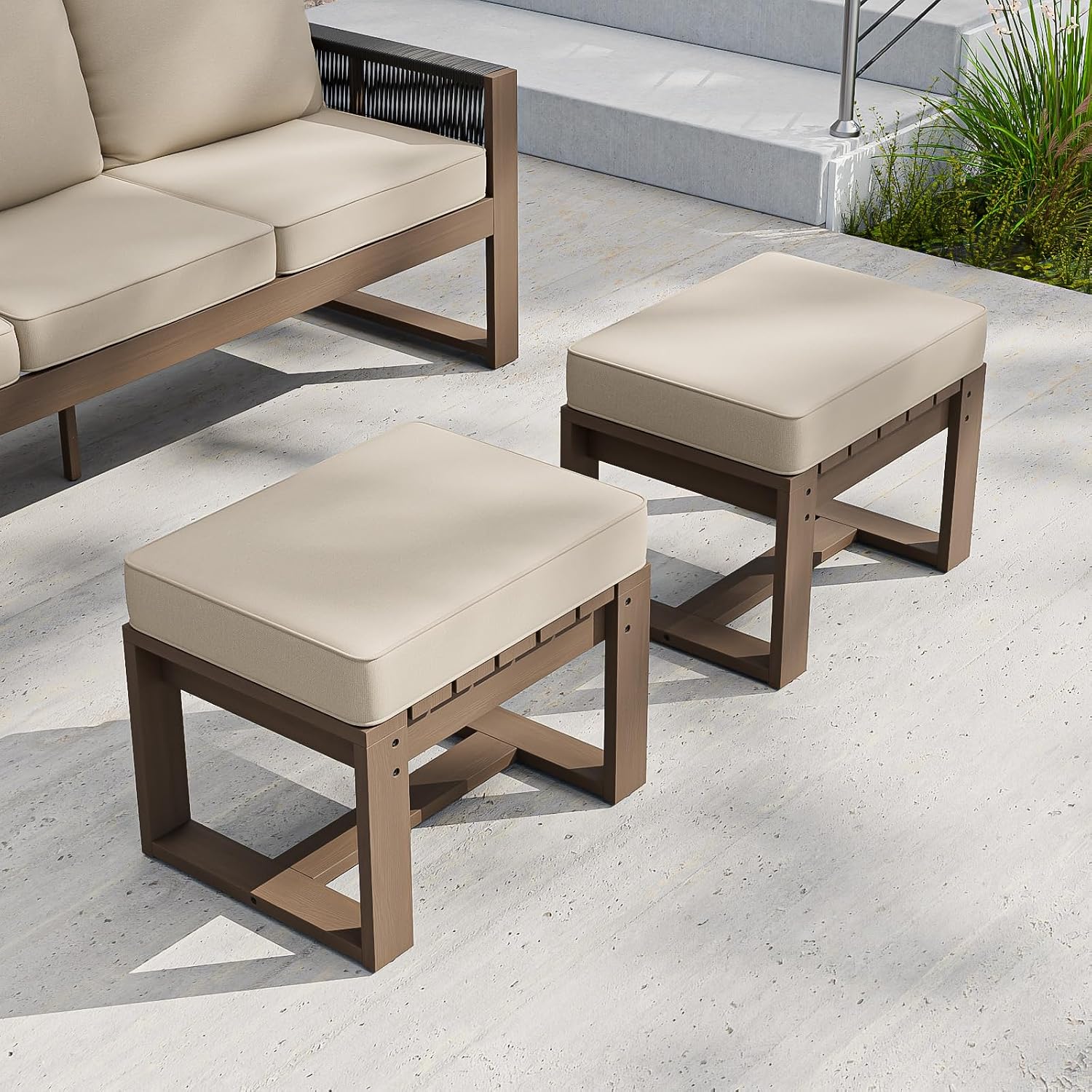 COOS BAY Natural Cedar Outdoor Patio Ottomans with Removable Cushions, Set of 2, Real Wood Footrests for Deck, Porch, Balcony, and Backyard, Brownish/Beige