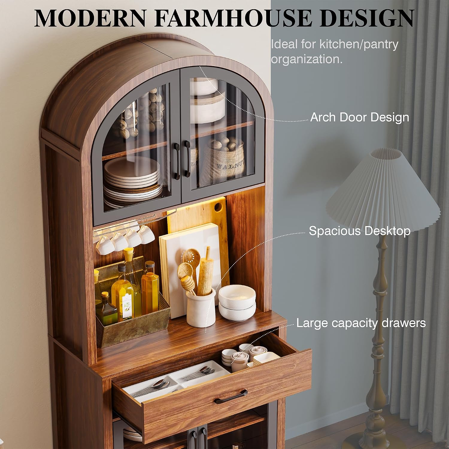 Tall Arched Kitchen Pantry Cabinet, Farmhouse Coffee Bar Cabinet with Storage, Kitchen Hutch Storage Cabinet with Countertop and Charging Station, Dining Room Kitchen Hutch Cabinet with Storage
