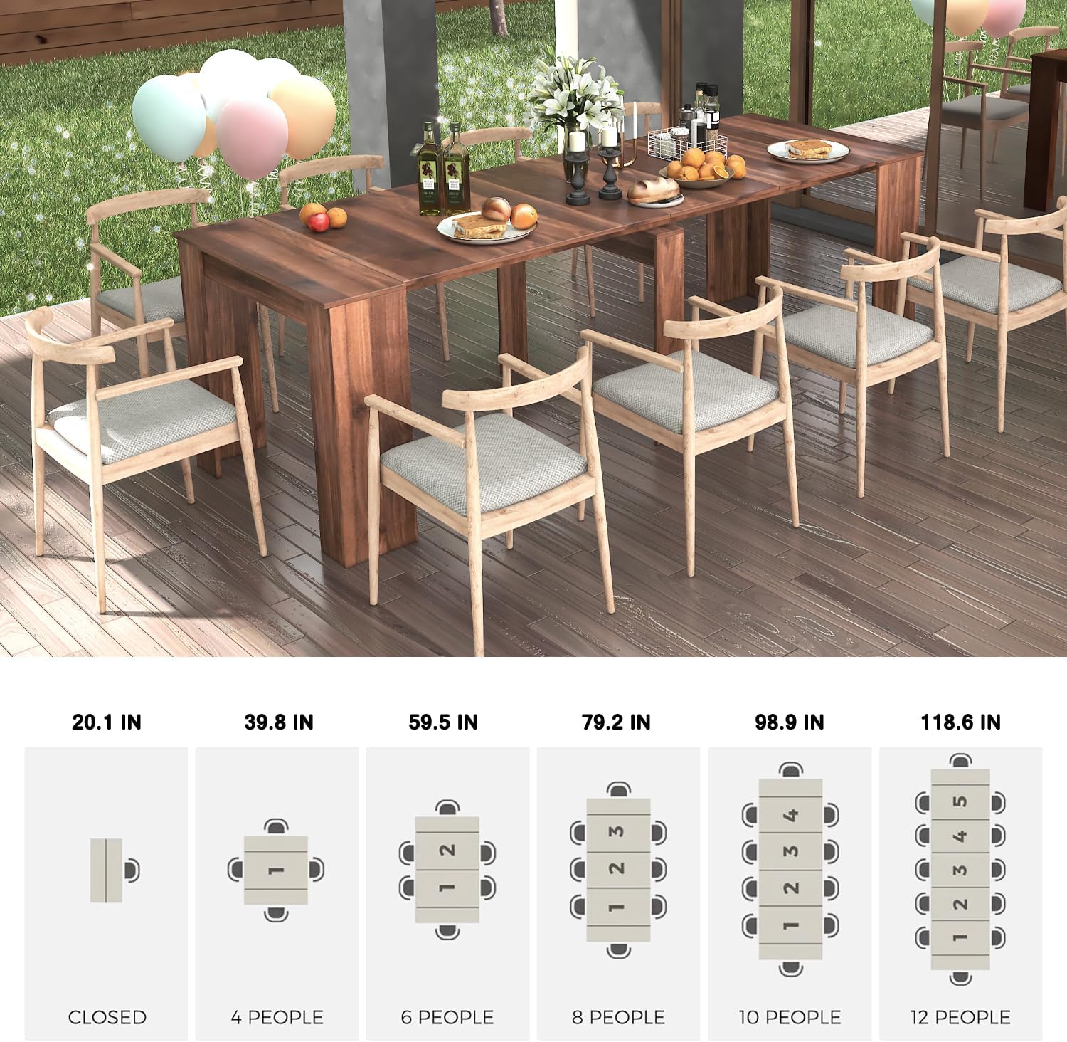 Extendable Dining Table, Transformer Folding Console Table for 2-12 People, Space Saving Dining Room Table for Apartments & Homes, Walnut