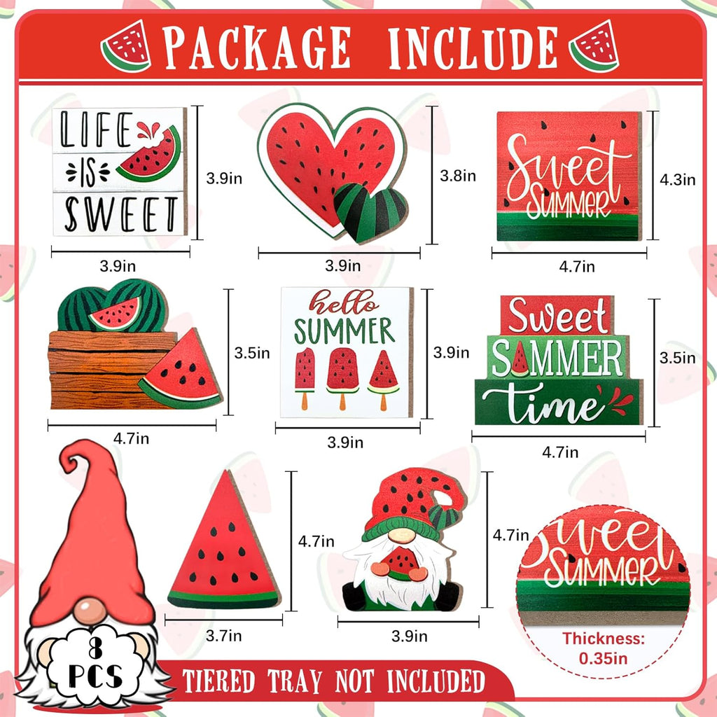 Summer Tiered Tray Decor, Farmhouse Watermelon Tray Decorations, Hello Summer Sweet Watermelon Gnome Wooden Signs, Rustic Summer Home Decor for Table Mantel Office Holiday Party