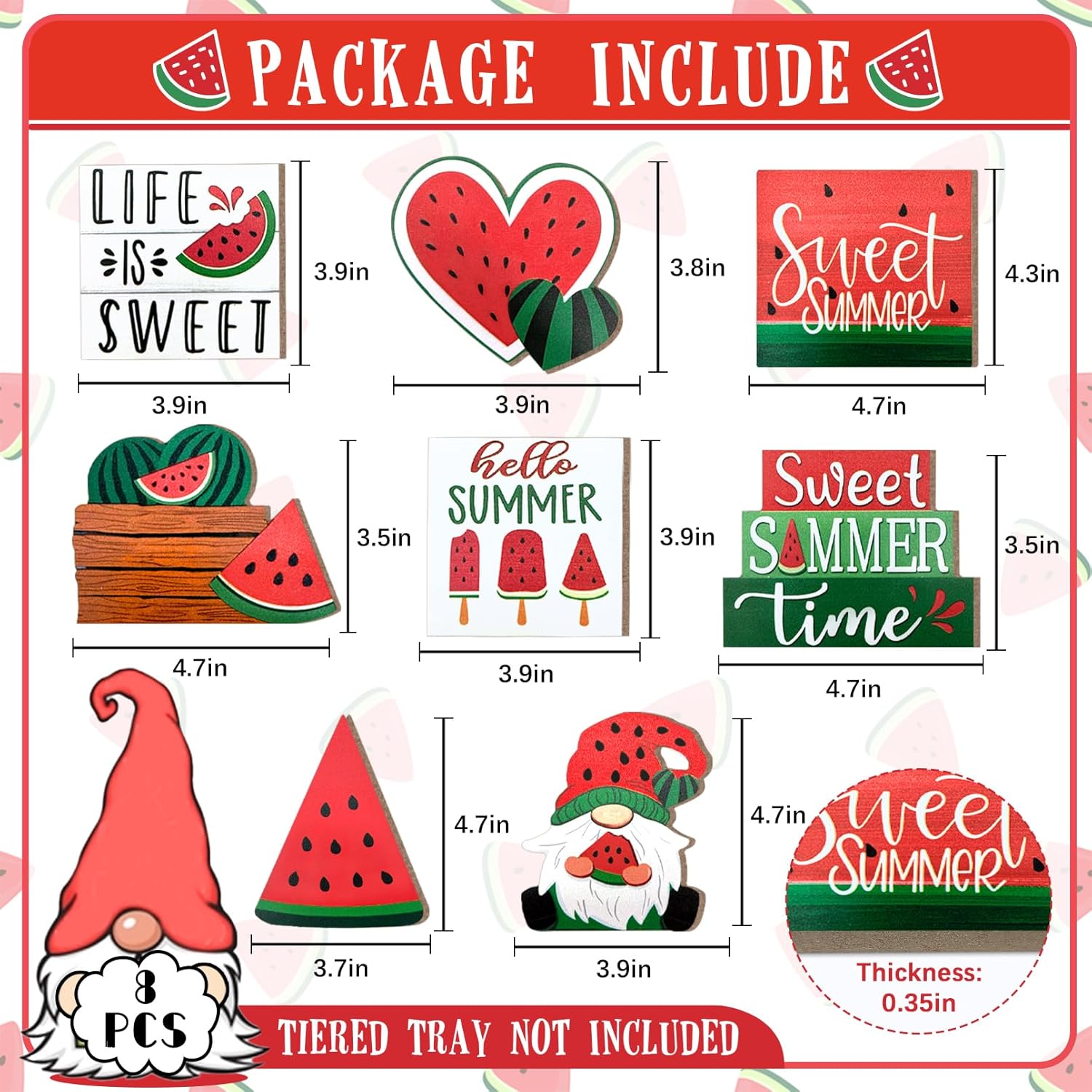 Summer Tiered Tray Decor, Farmhouse Watermelon Tray Decorations, Hello Summer Sweet Watermelon Gnome Wooden Signs, Rustic Summer Home Decor for Table Mantel Office Holiday Party