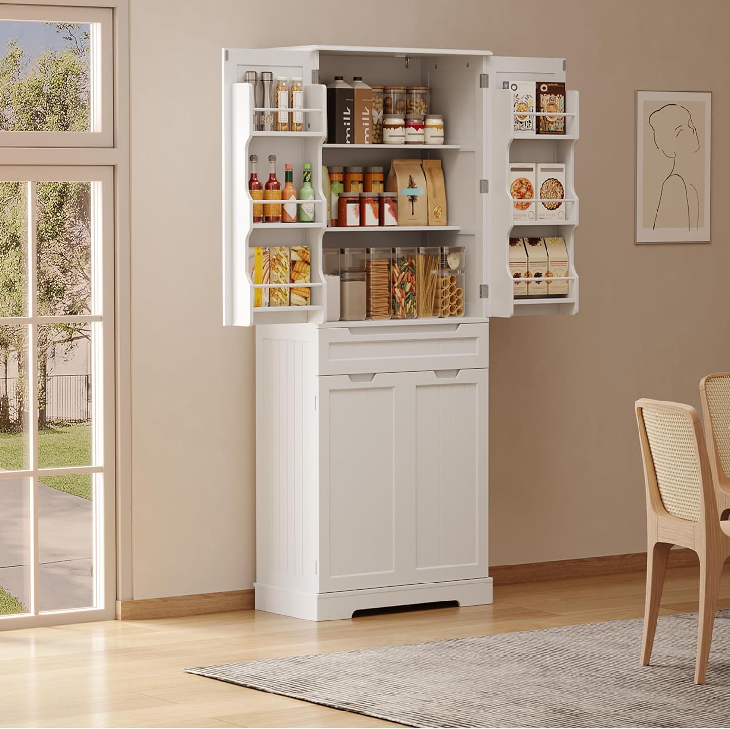 Gizoon 71" Tall Kitchen Pantry Cabinet with Doors and Adjustable Shelves, Pantry Storage Cabinet with Drawer Freestanding Organizer for Small Kitchen Bathroom Laundry Room, Painted White