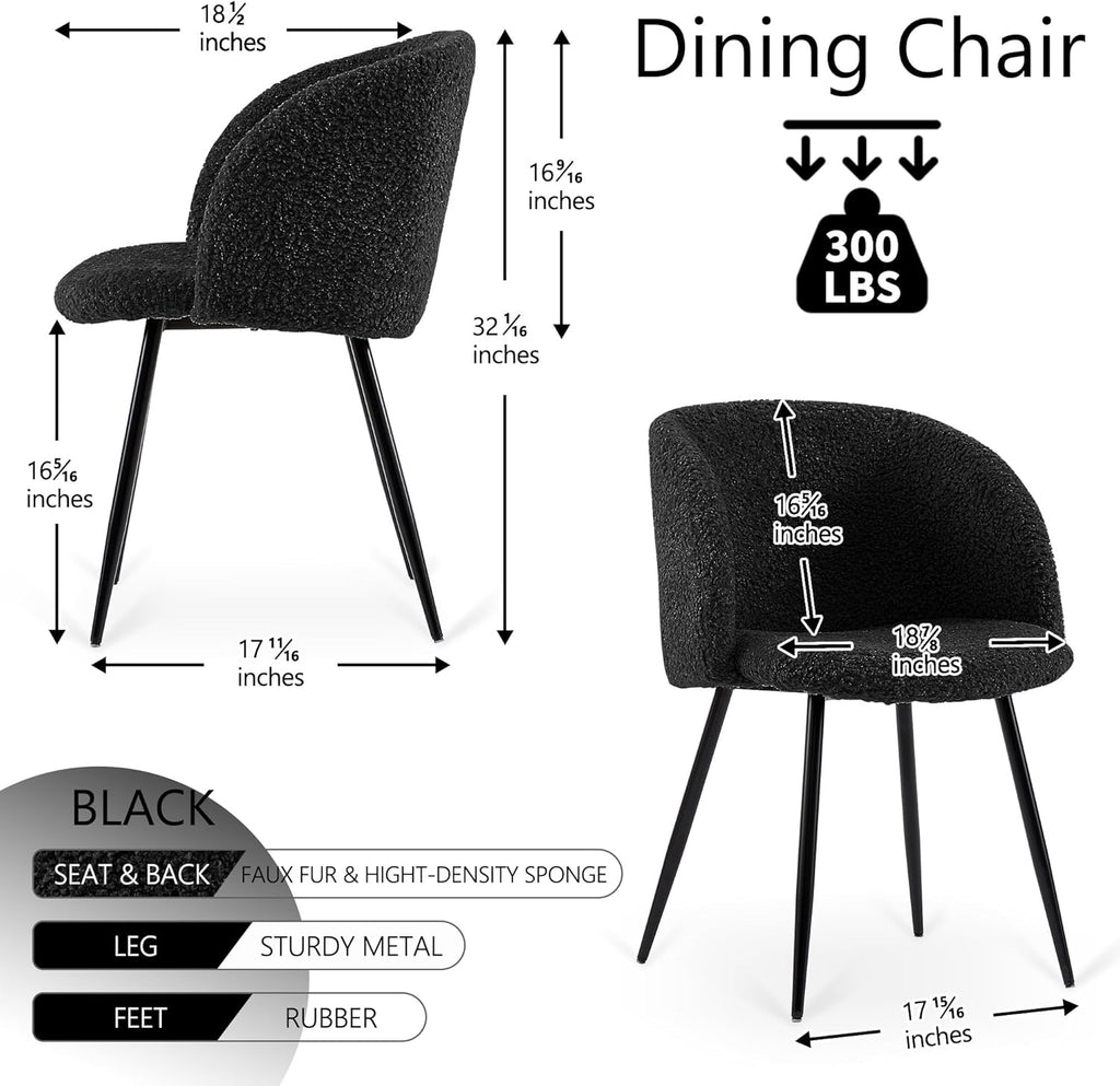 NORDICANA Accent Chairs Set of 2, Fuzzy Sherpa Dining Chairs with Barrel Back, Upholstered Faux Fur Armchairs with Black Metal Leg, Living Room Chairs (Black)