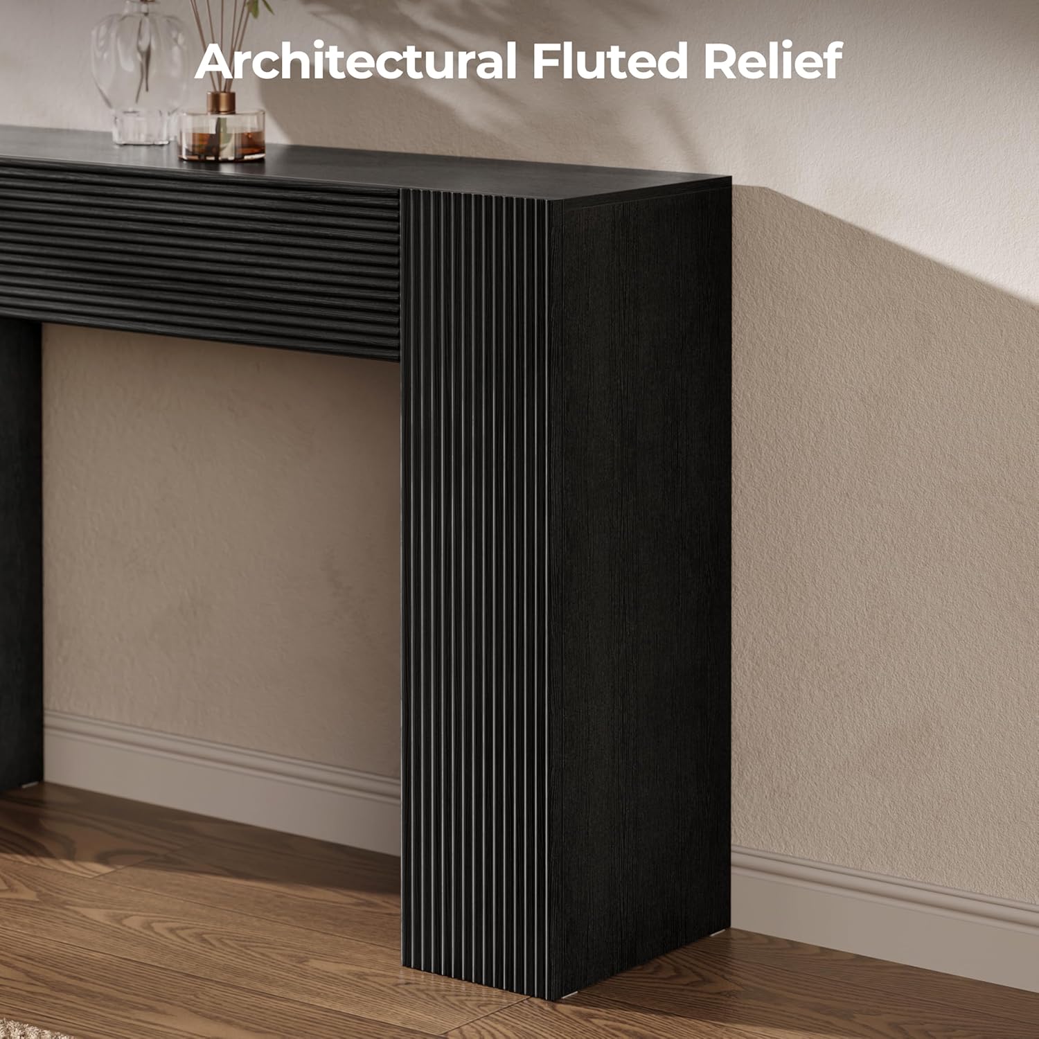 43" Fluted Mid Century Modern Narrow Console Table with Storage, Farmhouse Skinny Entryway Table, Small Entry Table & Storage Cabinet, Sofa Table Behind Couch for Living Room, Hallway, Entrance, Black