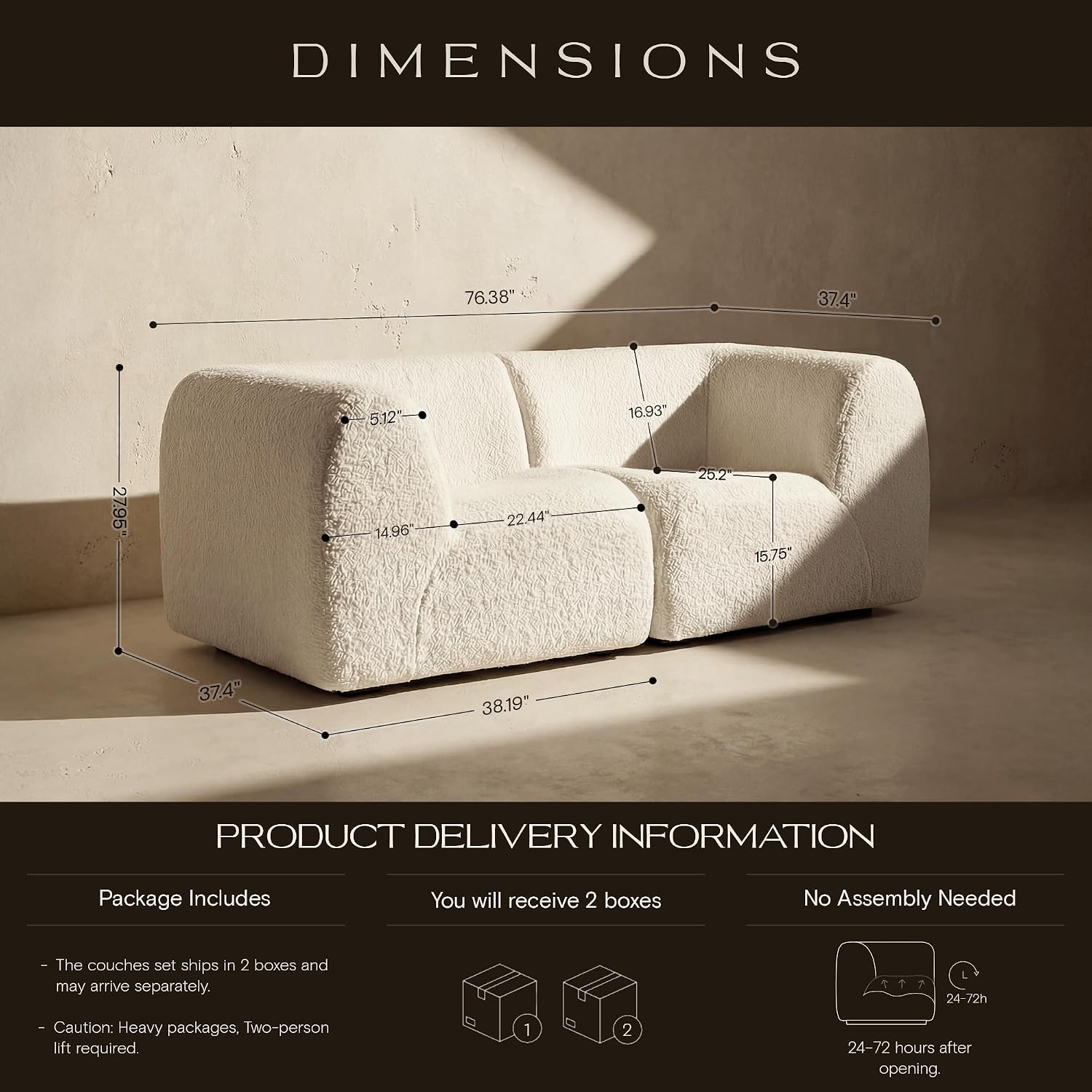 76" Loveseat Modular Sofa with High-Density Foam, 2-Piece Curved Sectional Couches, Boneless Sherpa Deep Seat Couch with Armrest, Cloud Soft Lounge Modern Sofas for Living Room – No Assembly, White