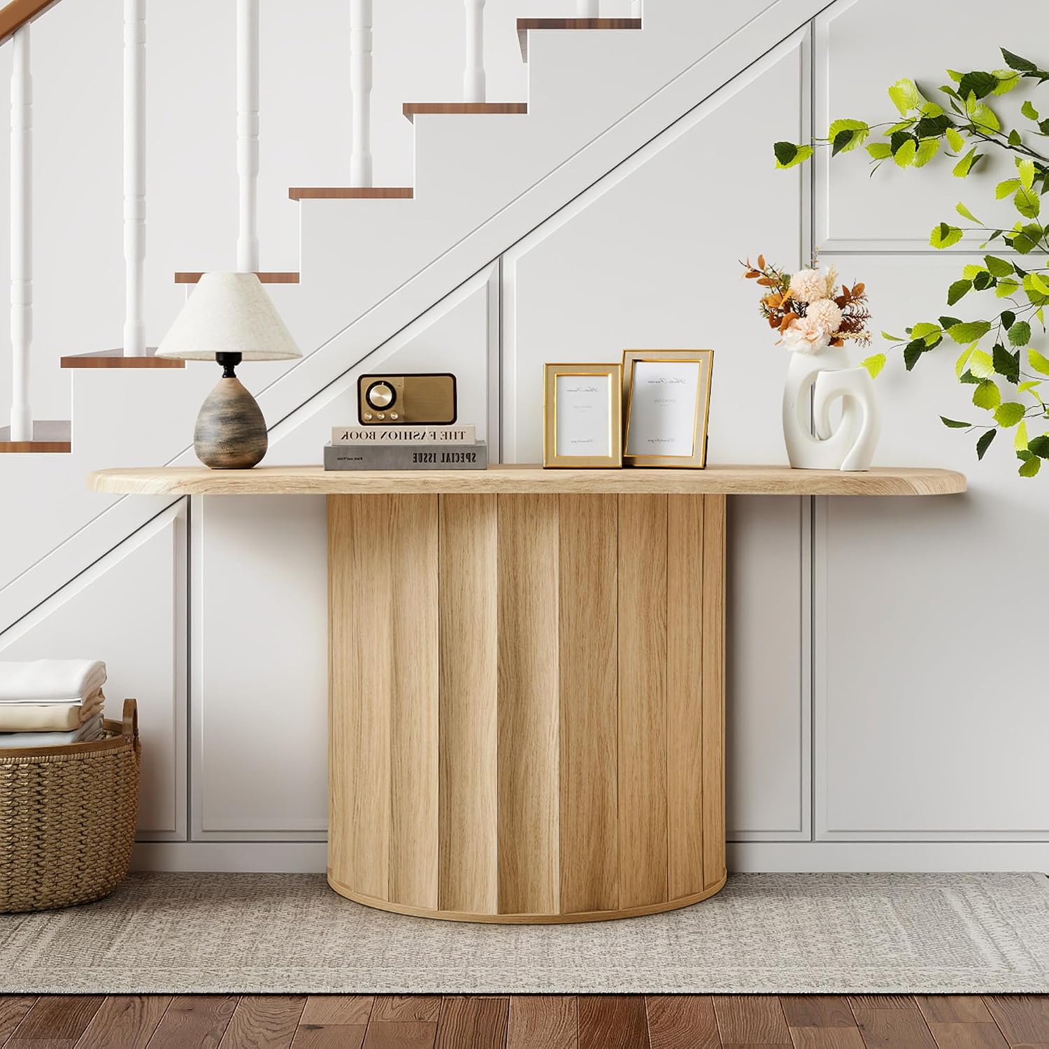 59'' Fluted Console Table for Entryway, Narrow Console Table Wooden Sofa Tables Behind Couch, Modern Curved Accent Table for Hallway, Living Room, Entrance, Foyer (Natural)
