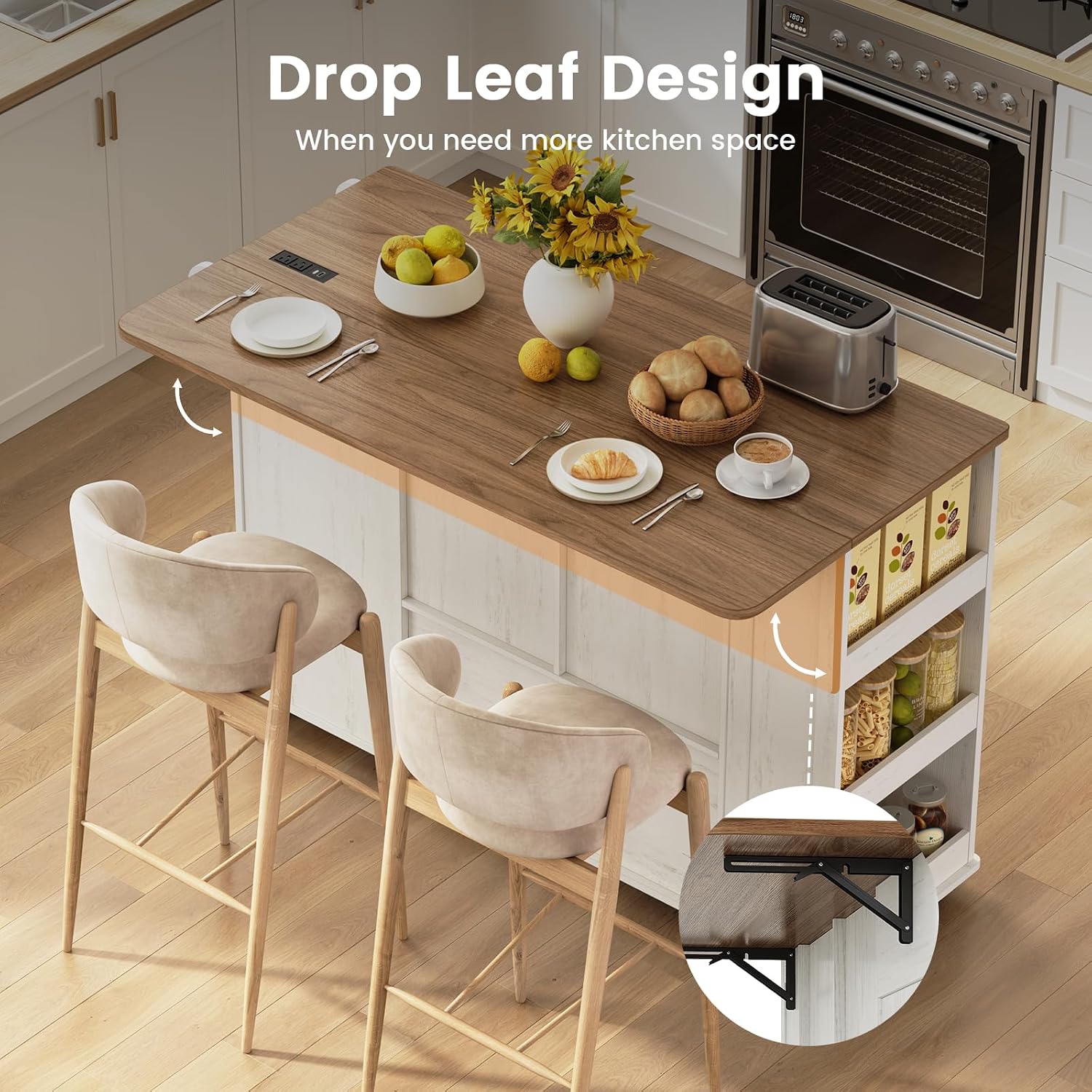 51" Kitchen Island with Storage & Drop Leaf, Farmhouse Rolling Kitchen Island on Wheels with Power Outlet, Spice Rack,Portable Island Table with Drawer & Cabinet for Kitchen, White