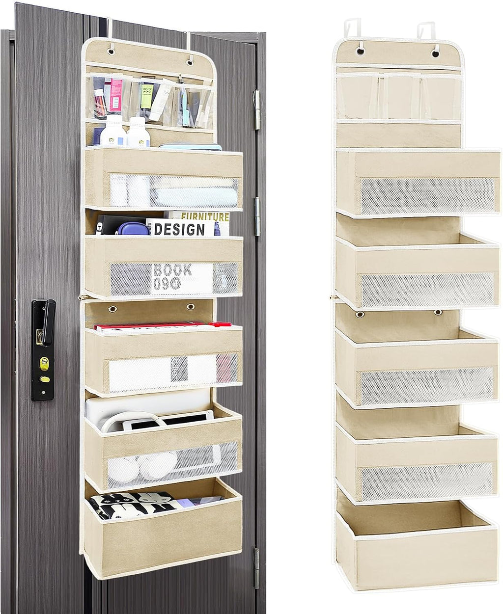 Easy Assembly Over The Door Organizer, 6 Shelves&10 Side Pockets, Heavy-Duty Reinforced Mesh Rack Holds 44lb, Hanging Behind Door Storage for Bathroom Pantry, Nursery, Closet, Shoes,Towels-Ivory White