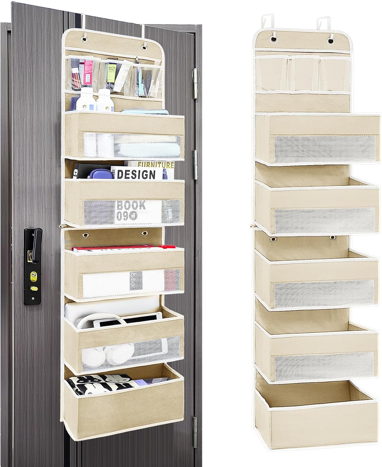 Easy Assembly Over The Door Organizer, 6 Shelves&10 Side Pockets, Heavy-Duty Reinforced Mesh Rack Holds 44lb, Hanging Behind Door Storage for Bathroom Pantry, Nursery, Closet, Shoes,Towels-Ivory White