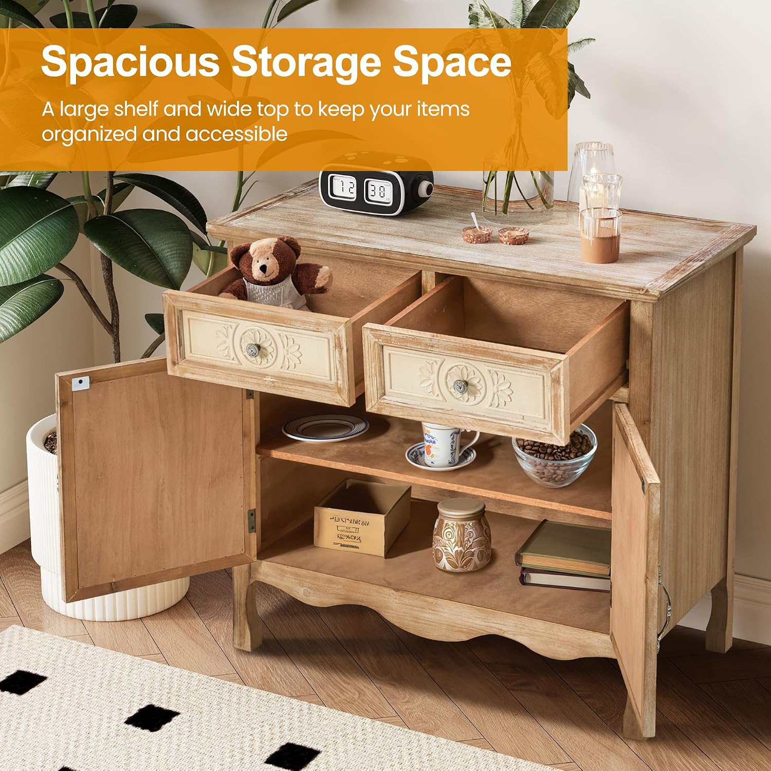 RoyalCraft Sideboard Buffet Cabinet, Solid Wood Accent Cabinet with 2 Carved Doors and 2 Drawers, Vintage Credenza for Kitchen, Living Room, Hallway, Natural Oak