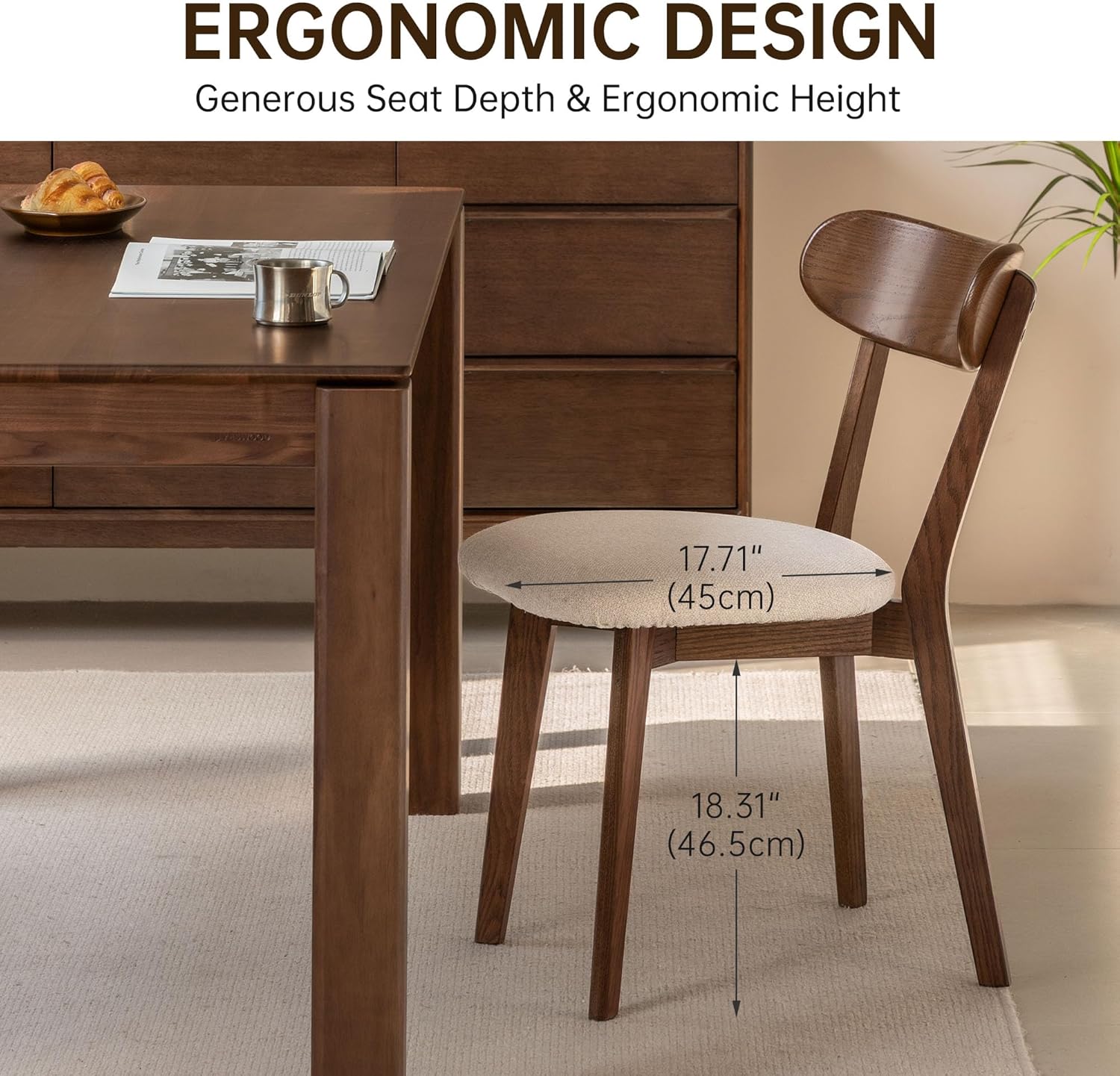100% Solid Oak Dining Chairs, Mid Century Modern Dining Chair with Curved Backrest, Fabric Upholstered Dining Chairs for Kitchen, Study, Living Room (4, Walnut Wood-Beige Cushion)
