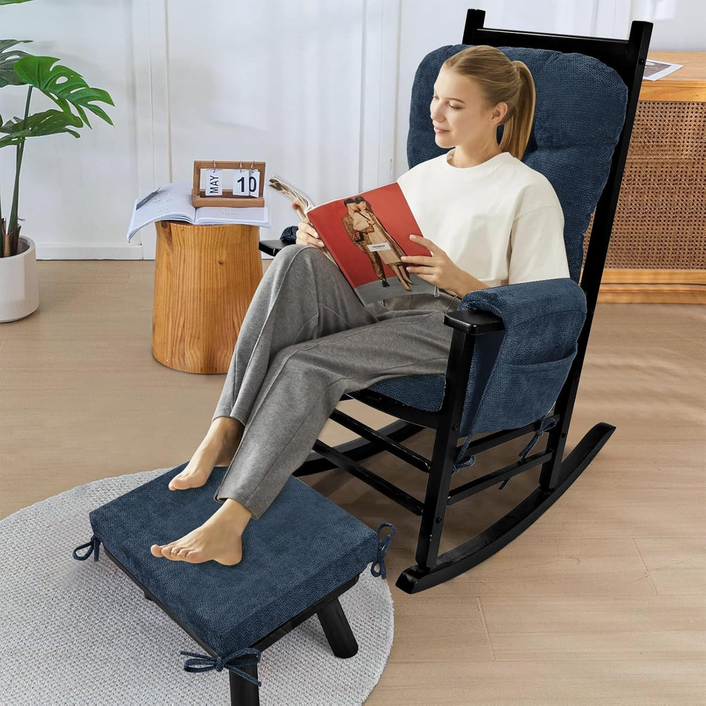 5 PCS Glider Rocker Replacement Cushions with Storage Side Pocket, Luxuriy Chenille Fabric Foam & Microfiber Filling, Thickened & Supportive Rocking Chair Cushion Set, Dark Blue