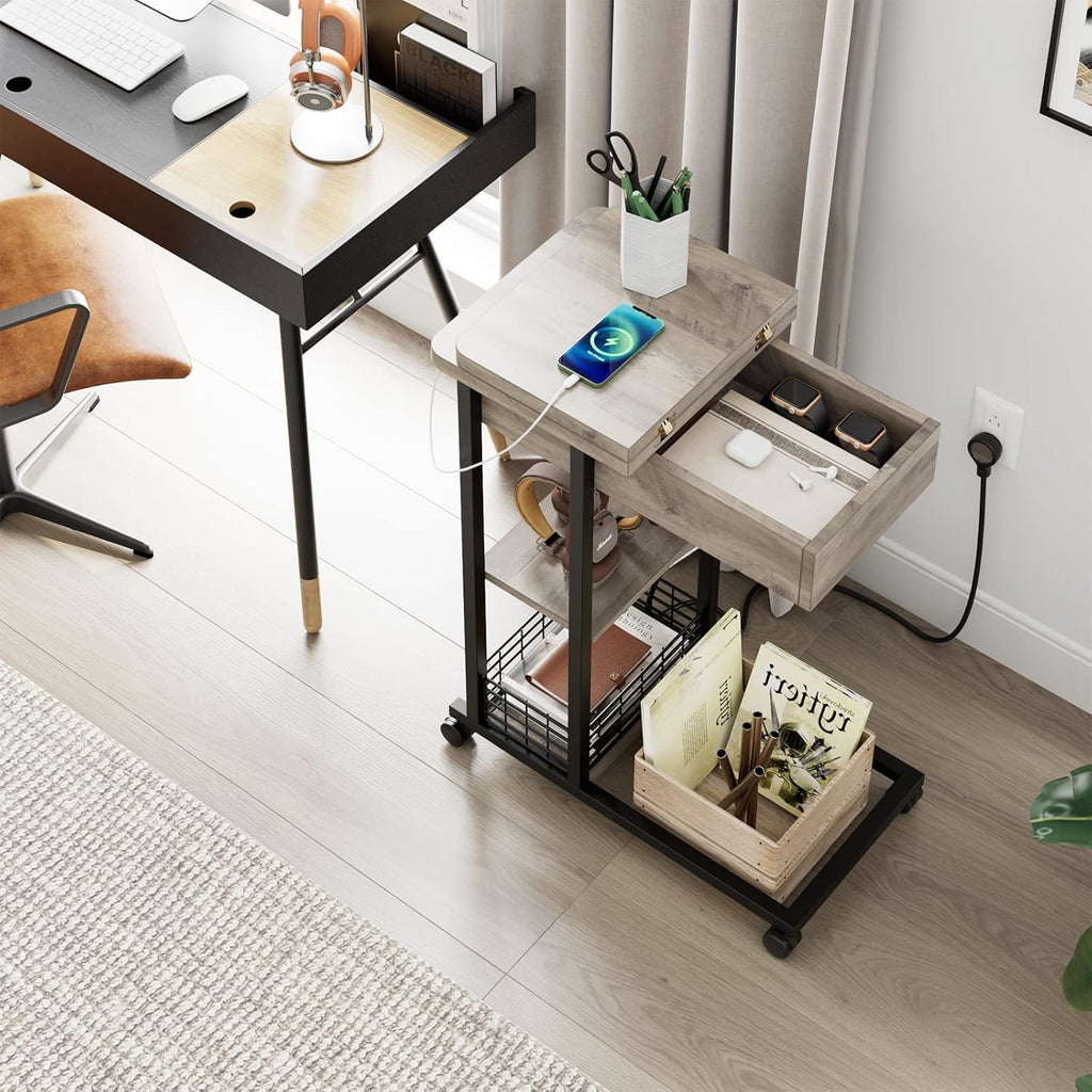 IDEALHOUSE C Shaped End Table with Charging Station, Grey Flip Top Sofa Table with USB Ports and Outlets, Narrow Side Table with 3 Tier Storage Shelf for Living Room, Bedroom, Small Spaces