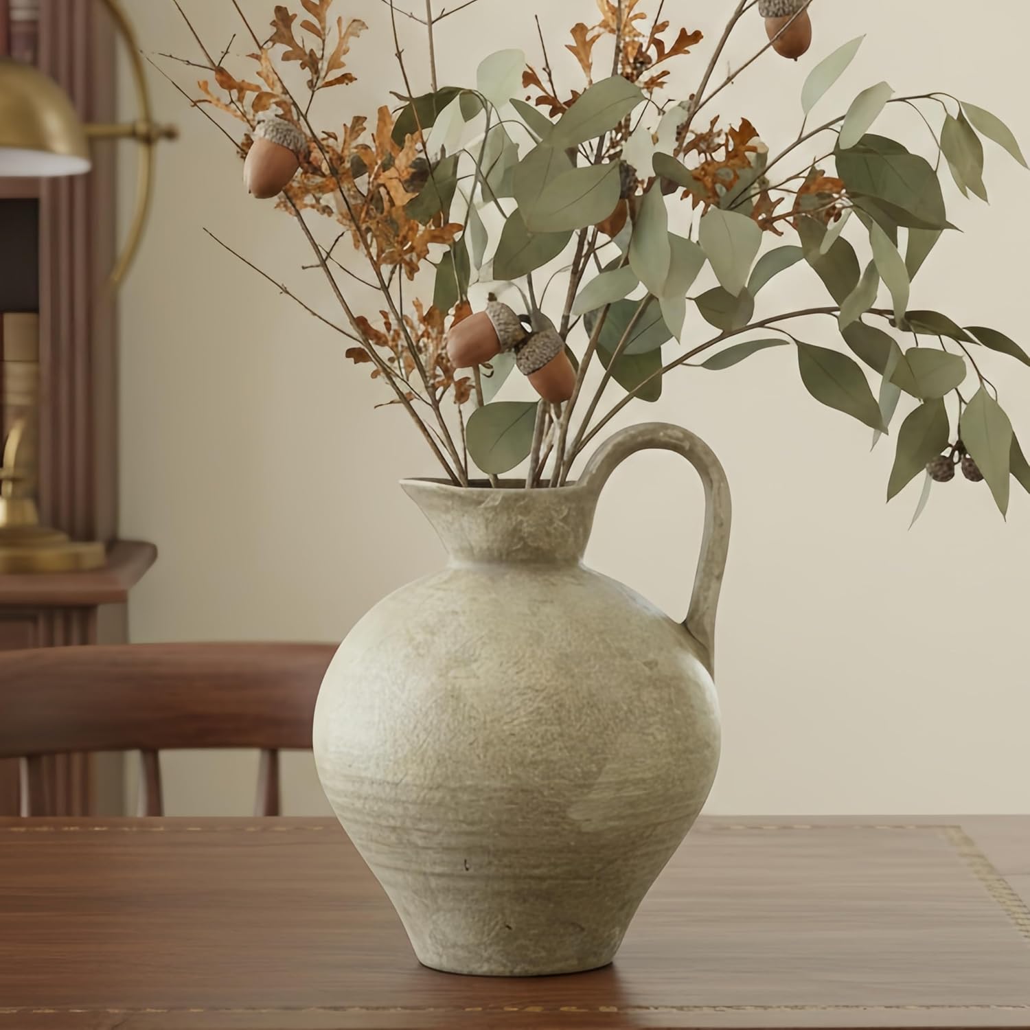 Ceramic Rustic Farmhouse Vase with Handle, 8.8 Inch Beige Vintage Vase, Rustic Ceramic Pottery for Home Decor, Farmhouse Decor Centerpiece for Kitchen, Living Room, Entryway