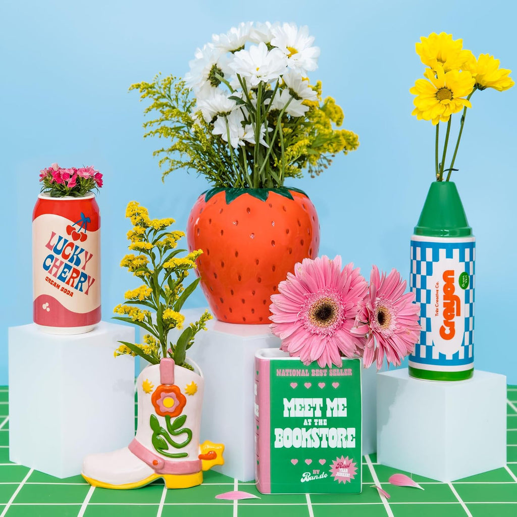 ban.do Small Ceramic Vase, Lucky Cherry Cream Soda Can | Petite and Colorful Retro Inspired Flower Vase or Shelf Decor for Aesthetic Food Theme Home Decor