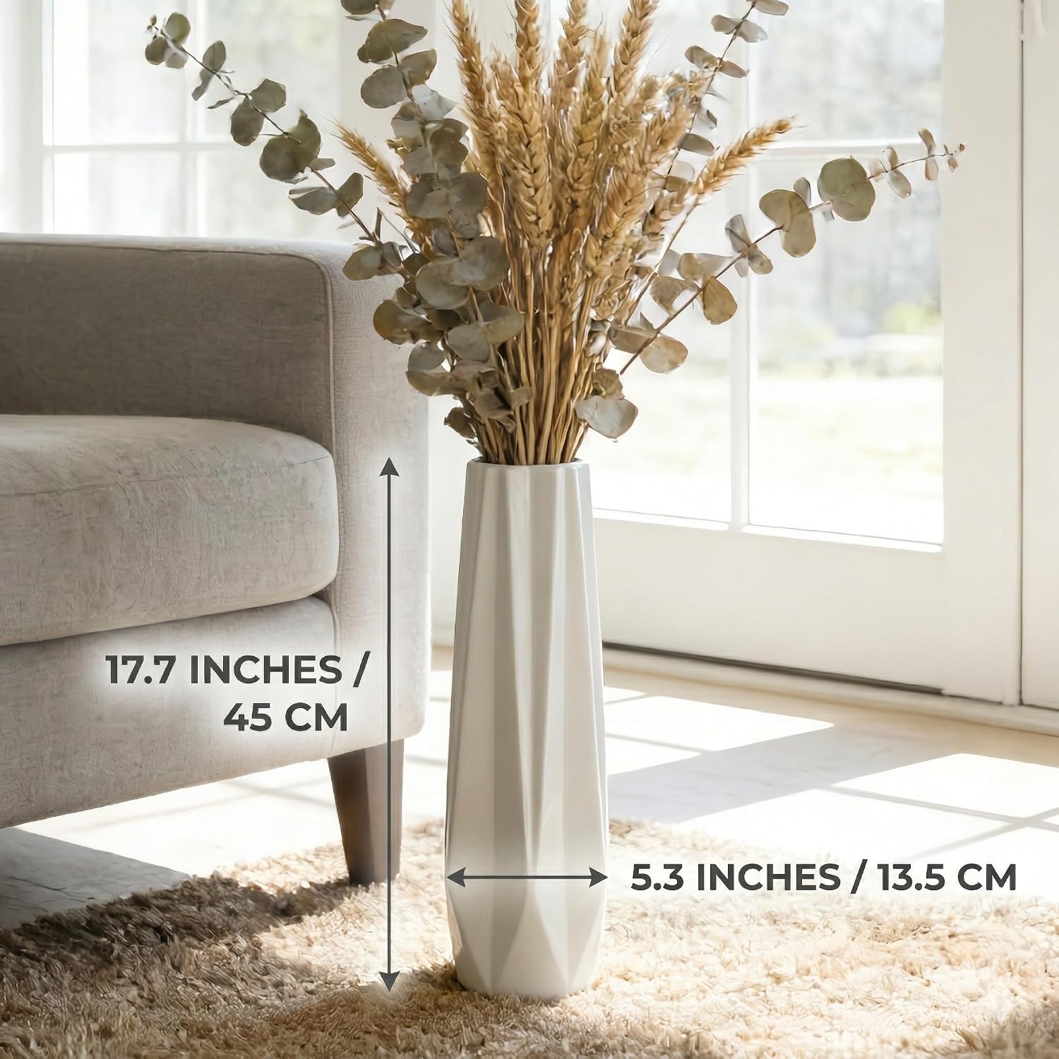Ceramic Tall Floor Vase, White 17.7" Large Flower Vase Decorative Vases for Pampas Grass Living Room Modern Home Decor Office Bedroom Kitchen Wedding House Décor, Gift for Wedding Housewarming