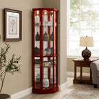 Corner Curio Cabinet, 70" Tall Lighted Glass Display Cage with Tempered Glass Doors and 5 Adjustable Shelves, Wine Bar China Cabinet for Living Room (E26 Bulb Not Inclued) (Cherry & Style 2)